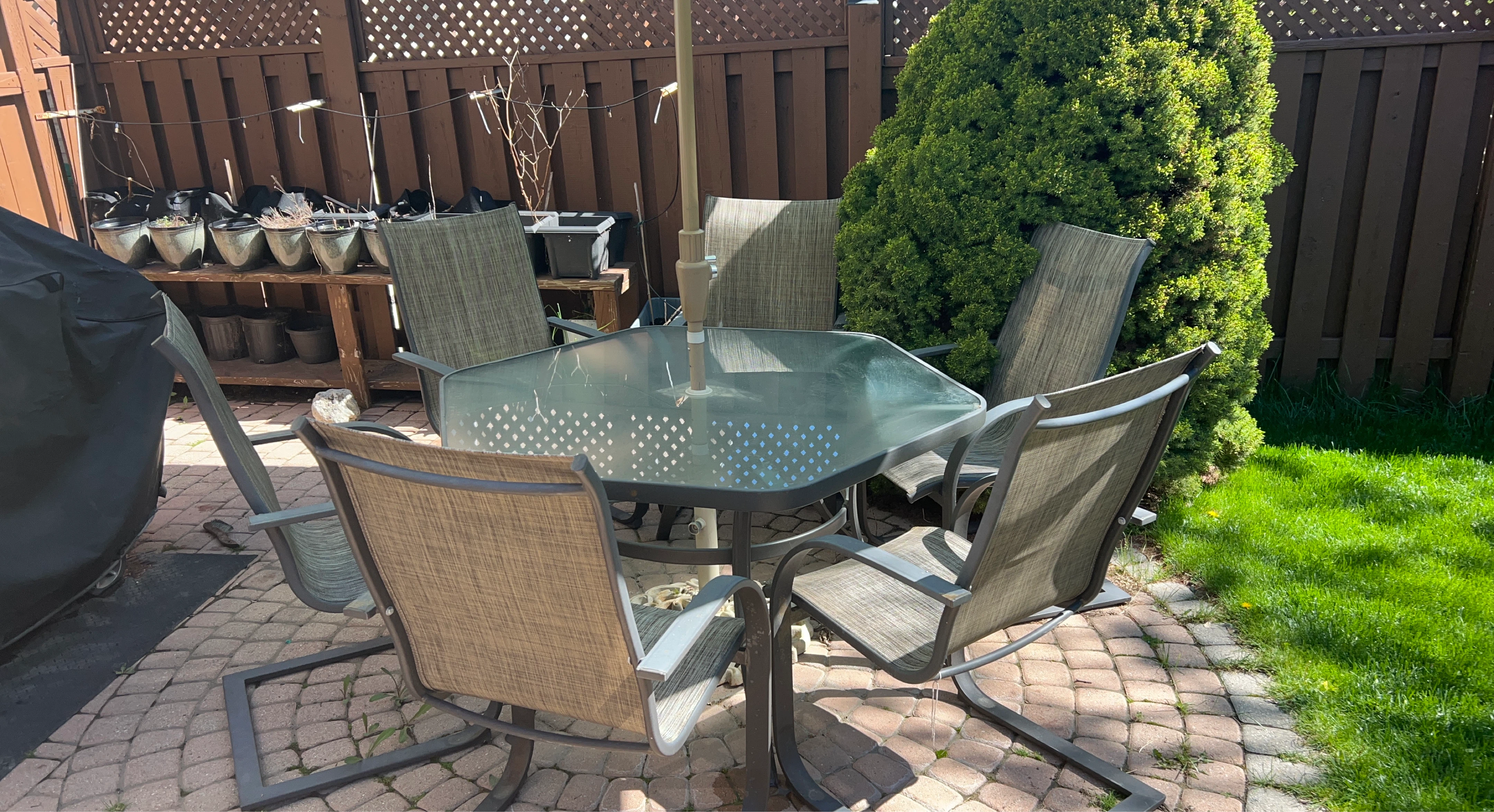 Hexagon Glass Top Patio Table with 6 Chairs, large umbrella