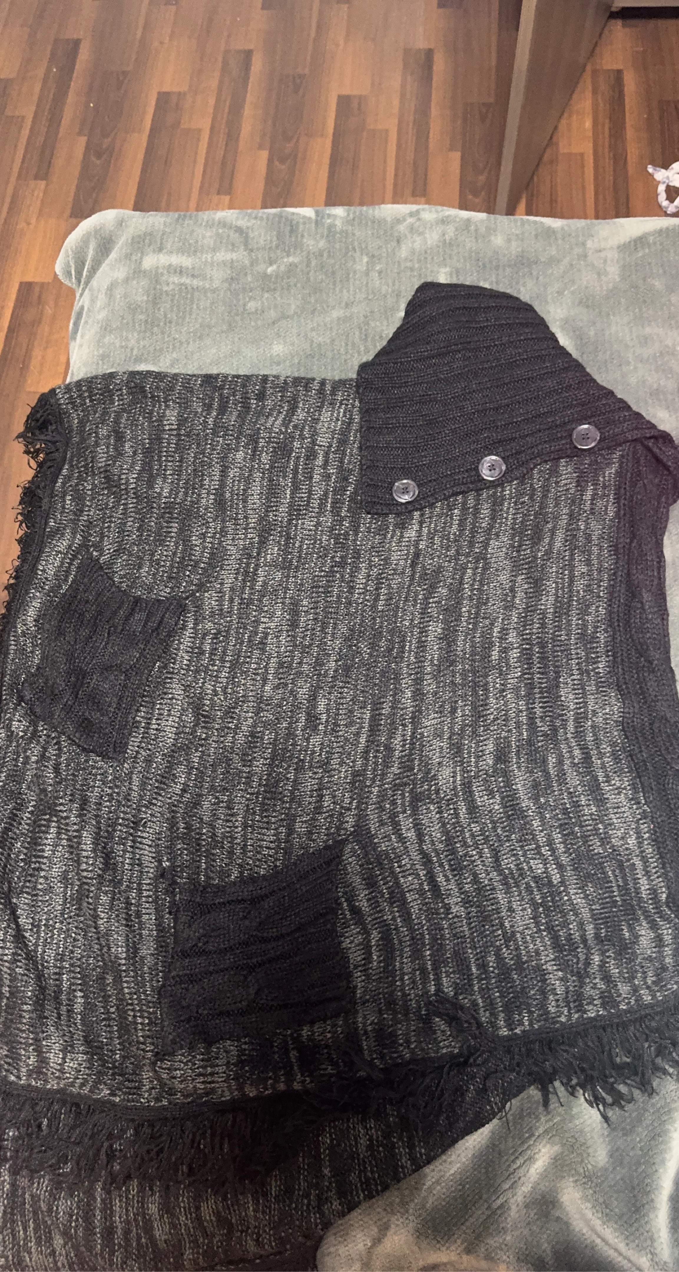 Black and Grey Knit Poncho with Pockets and Buttons