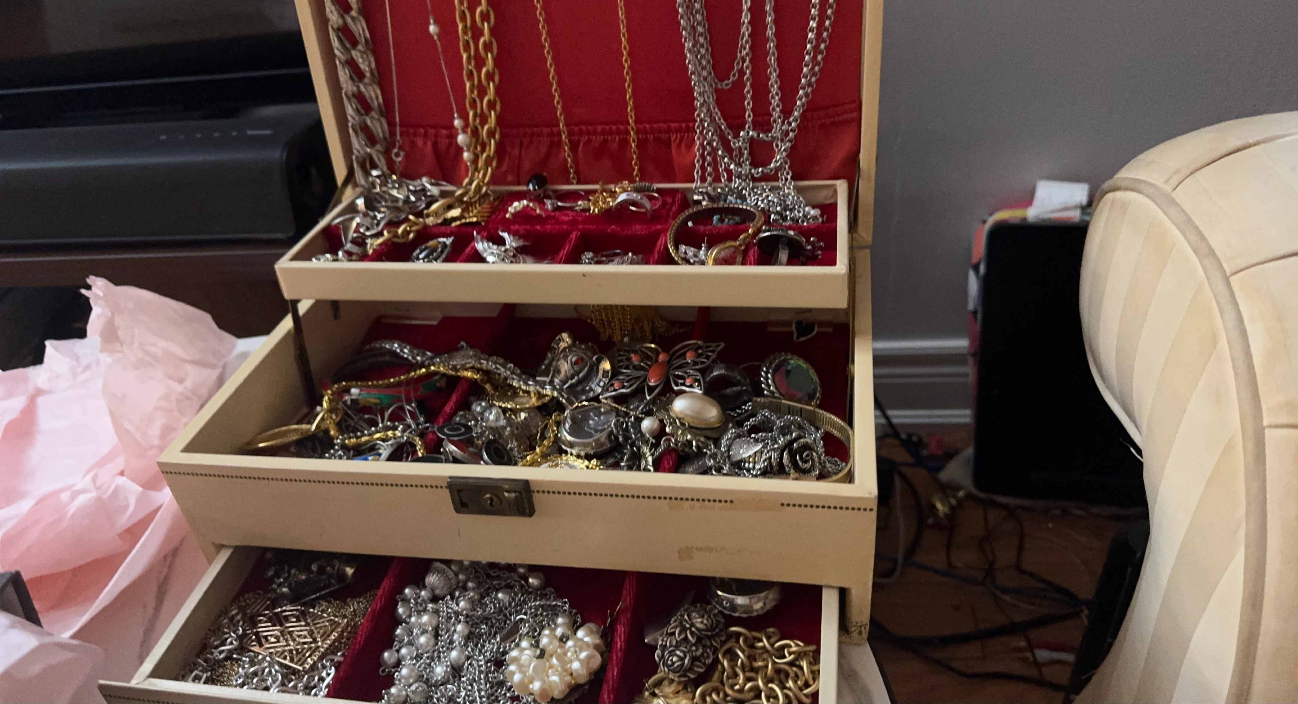 Vintage Jewelry Box with Assorted Costume Jewelry