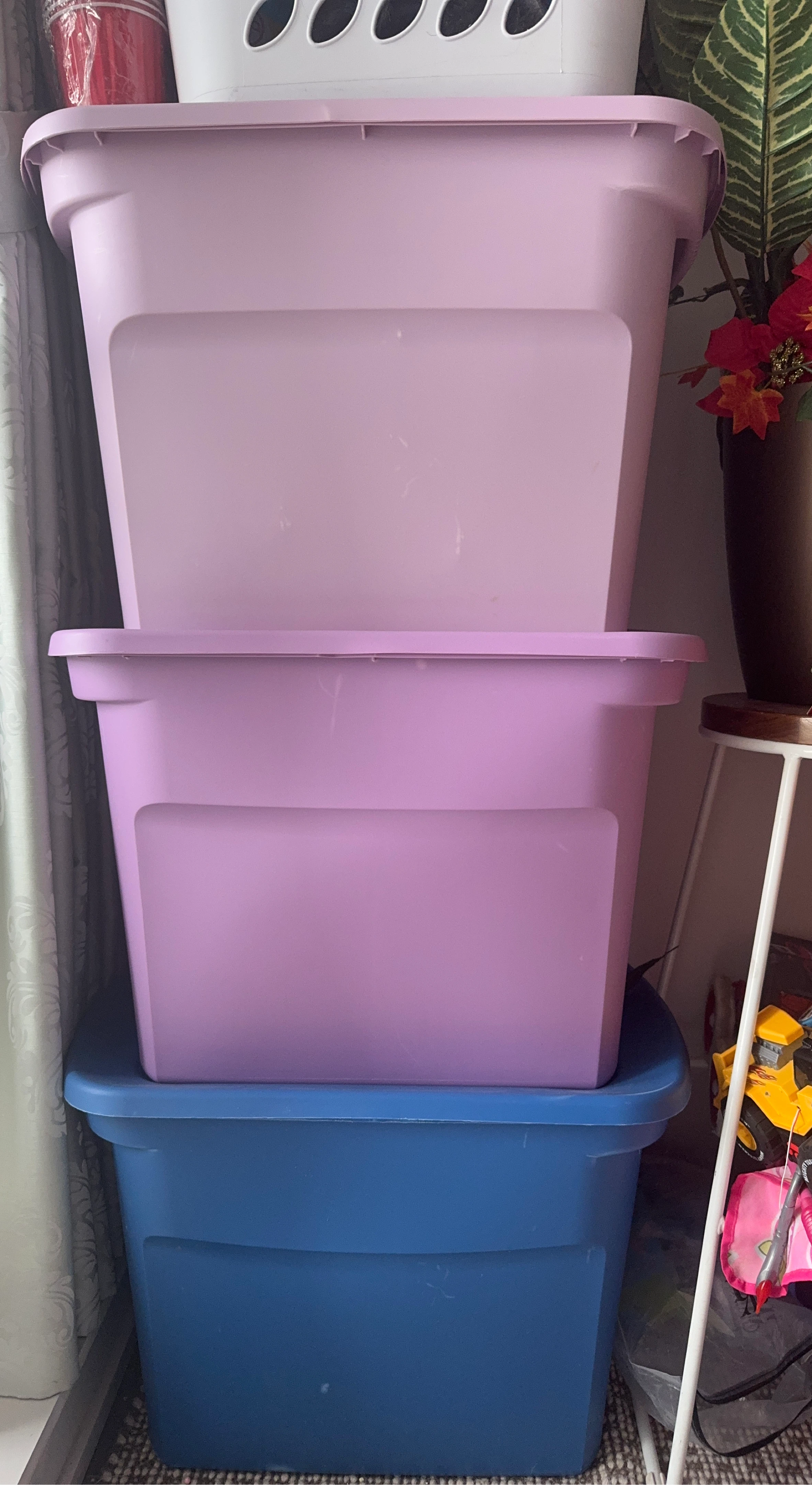 Set of 3 Plastic Storage Bins (2 Lavender, 1 Blue)