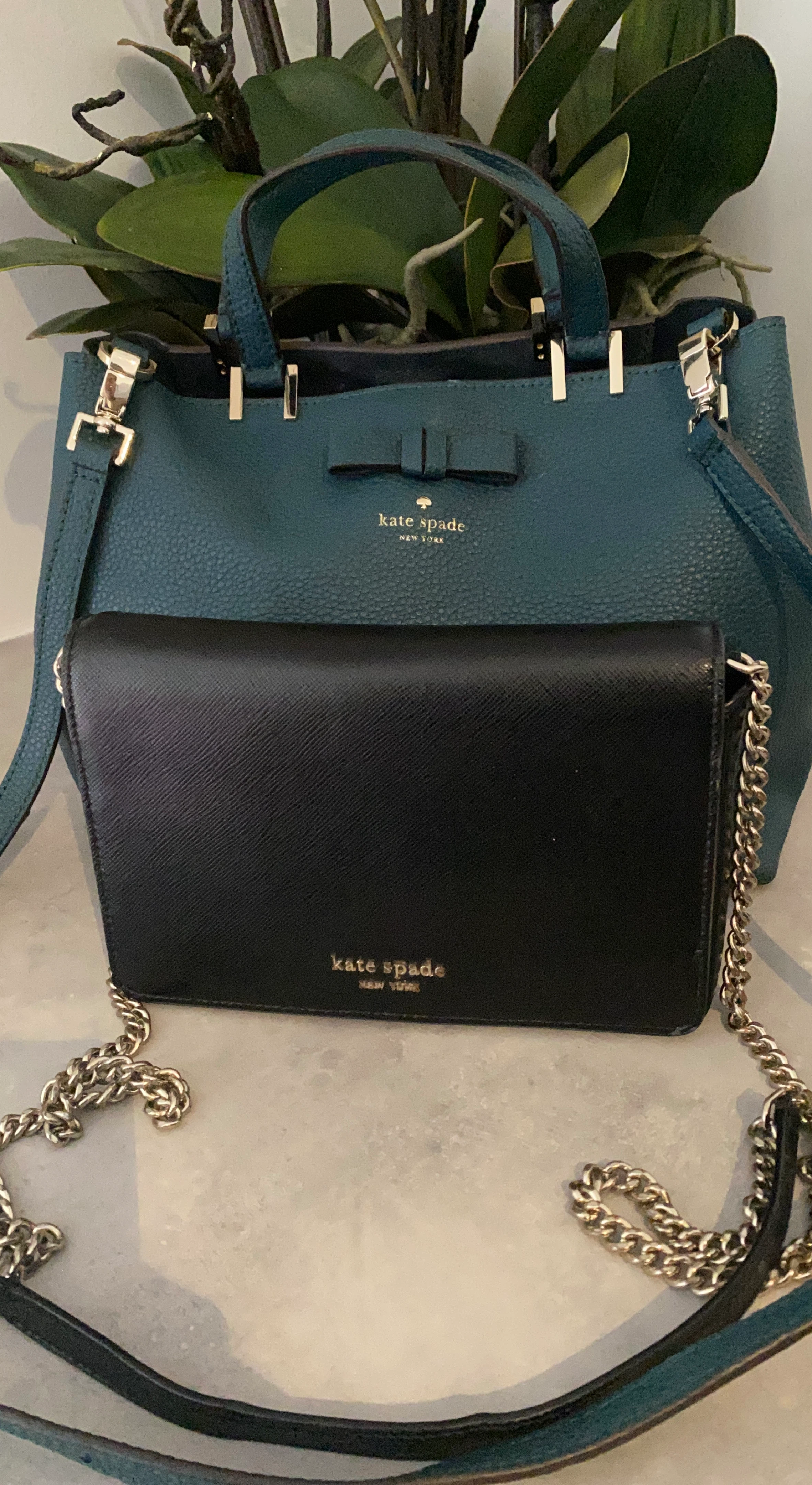 Kate Spade Teal Top Handle Bag with Black Wallet & Silver Chain