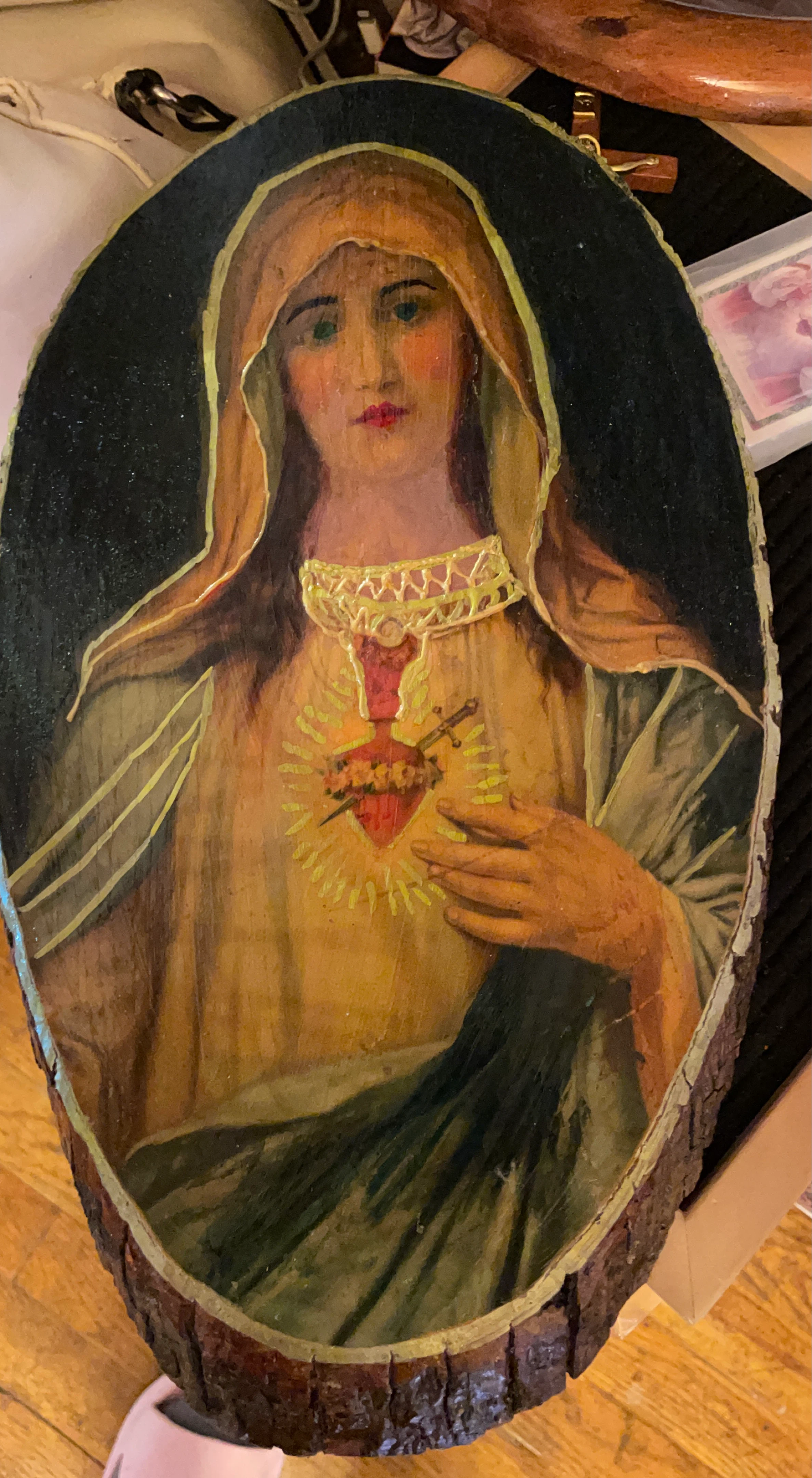 Vintage Religious Wood Slice Art - Immaculate Heart of Mary