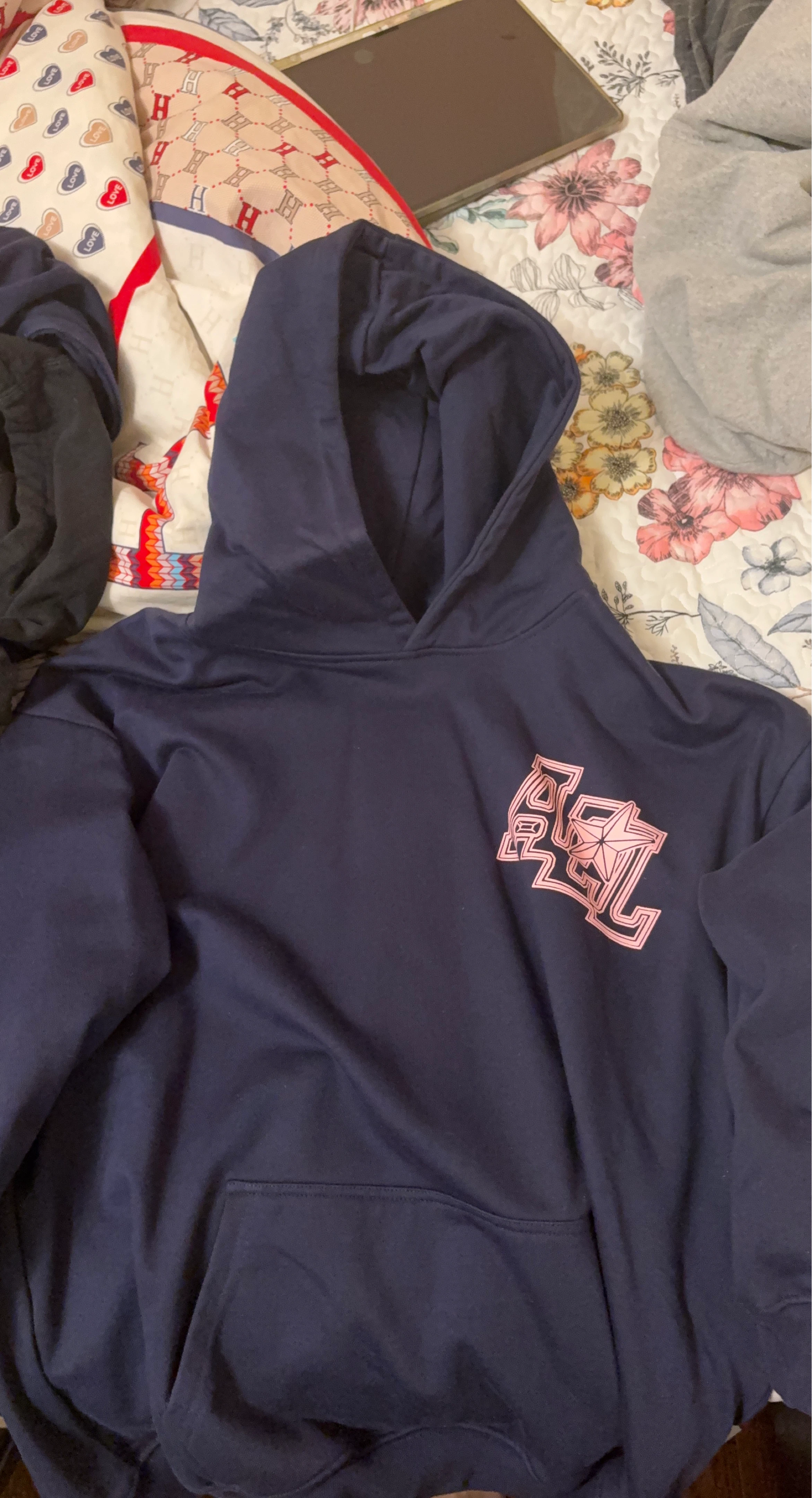 Navy Blue Hoodie with Pink Graphic