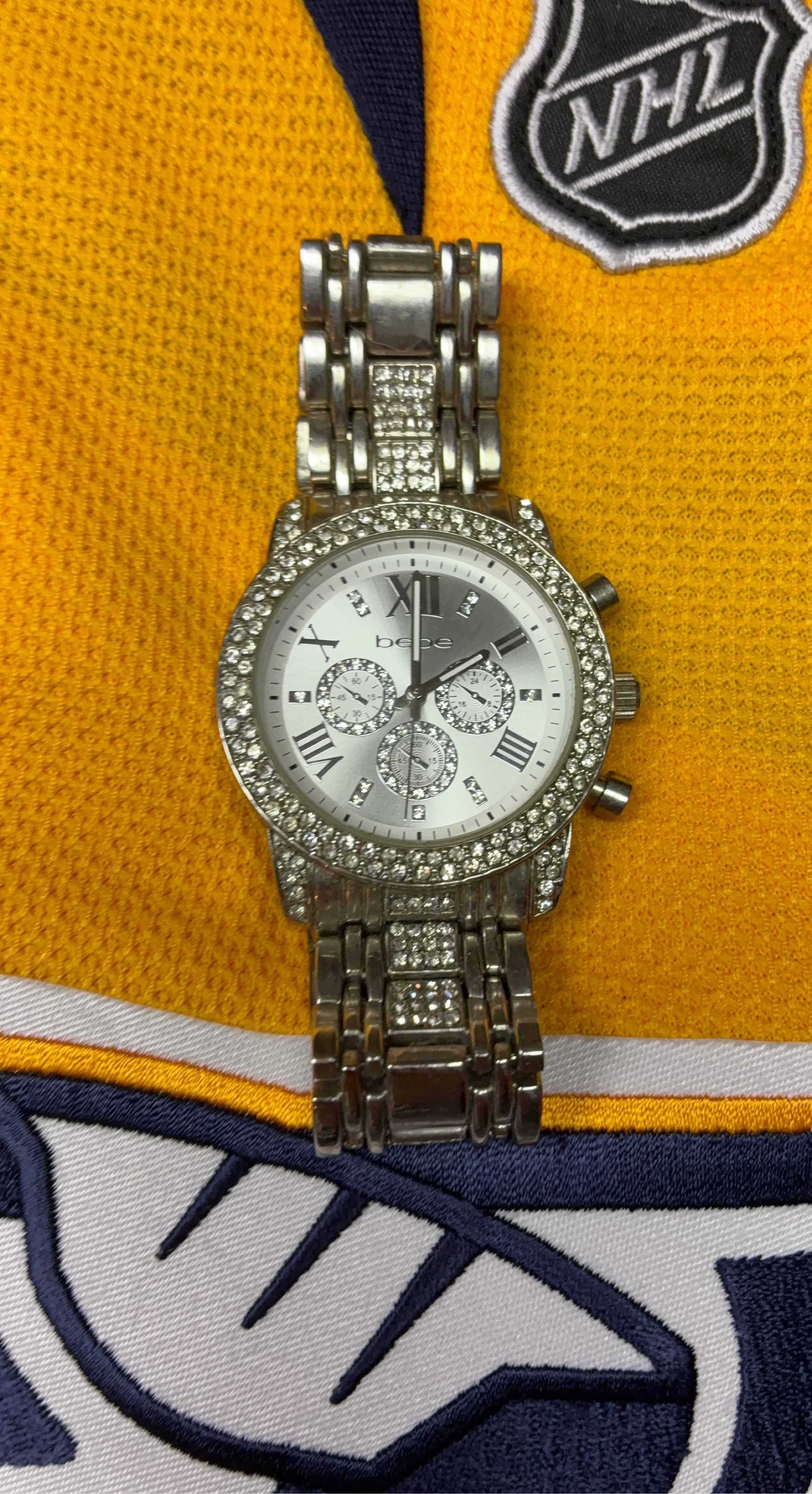 Bebe Silver Chronograph Watch with Rhinestones
