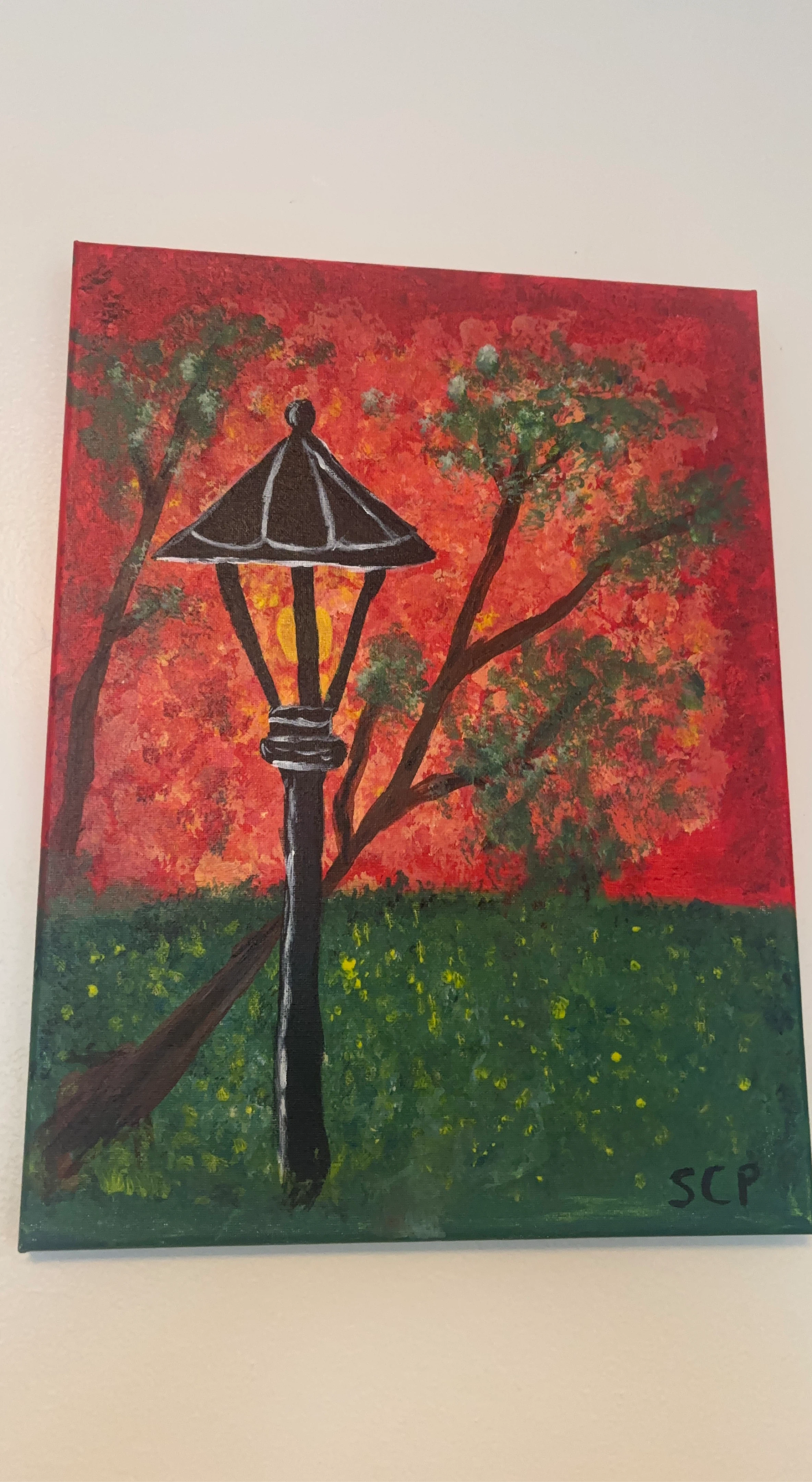 Oil Painting of a Lamp Post in a Field