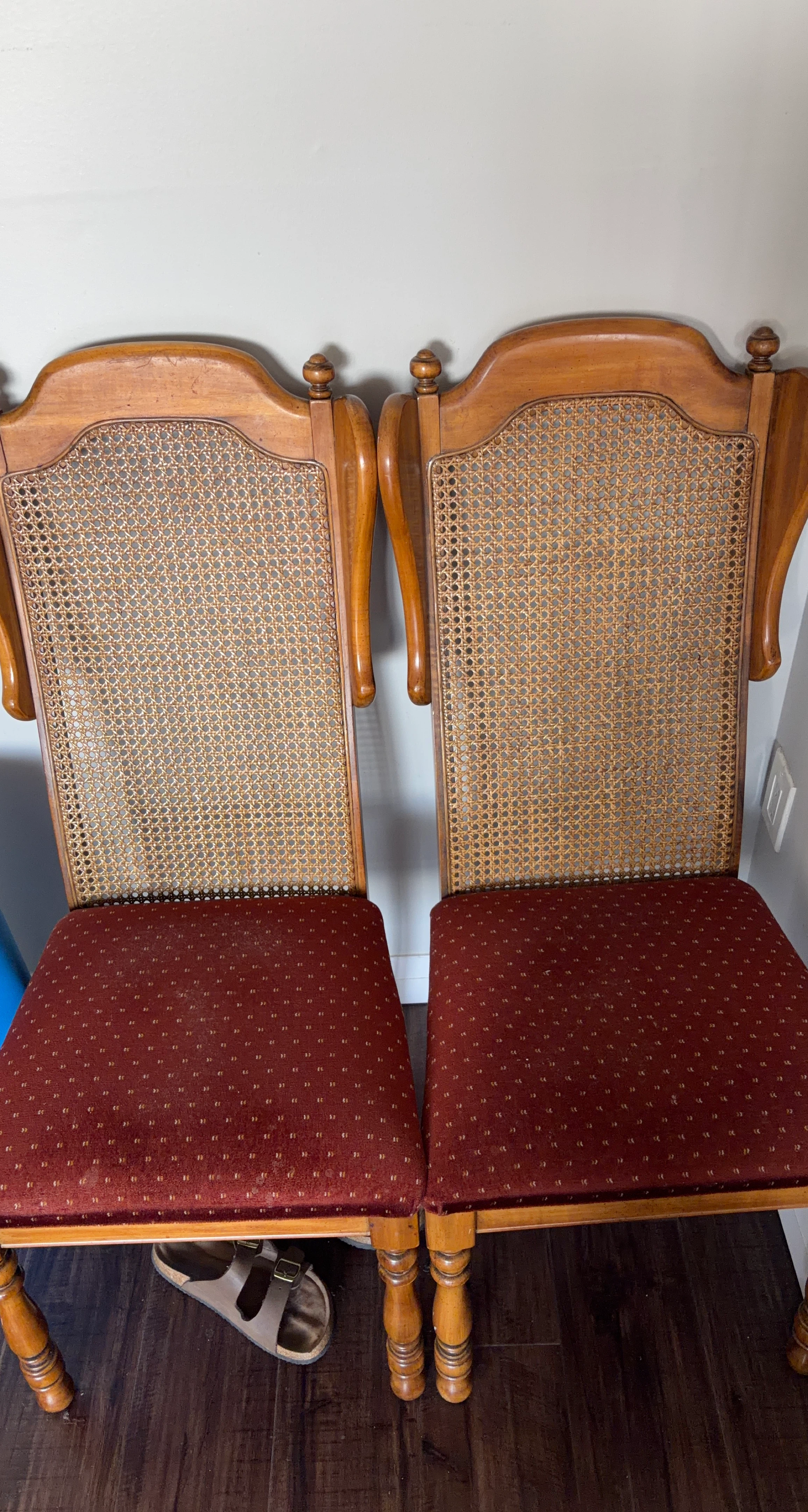 Pair of Wooden Chairs with Cane Back and Red Upholstery