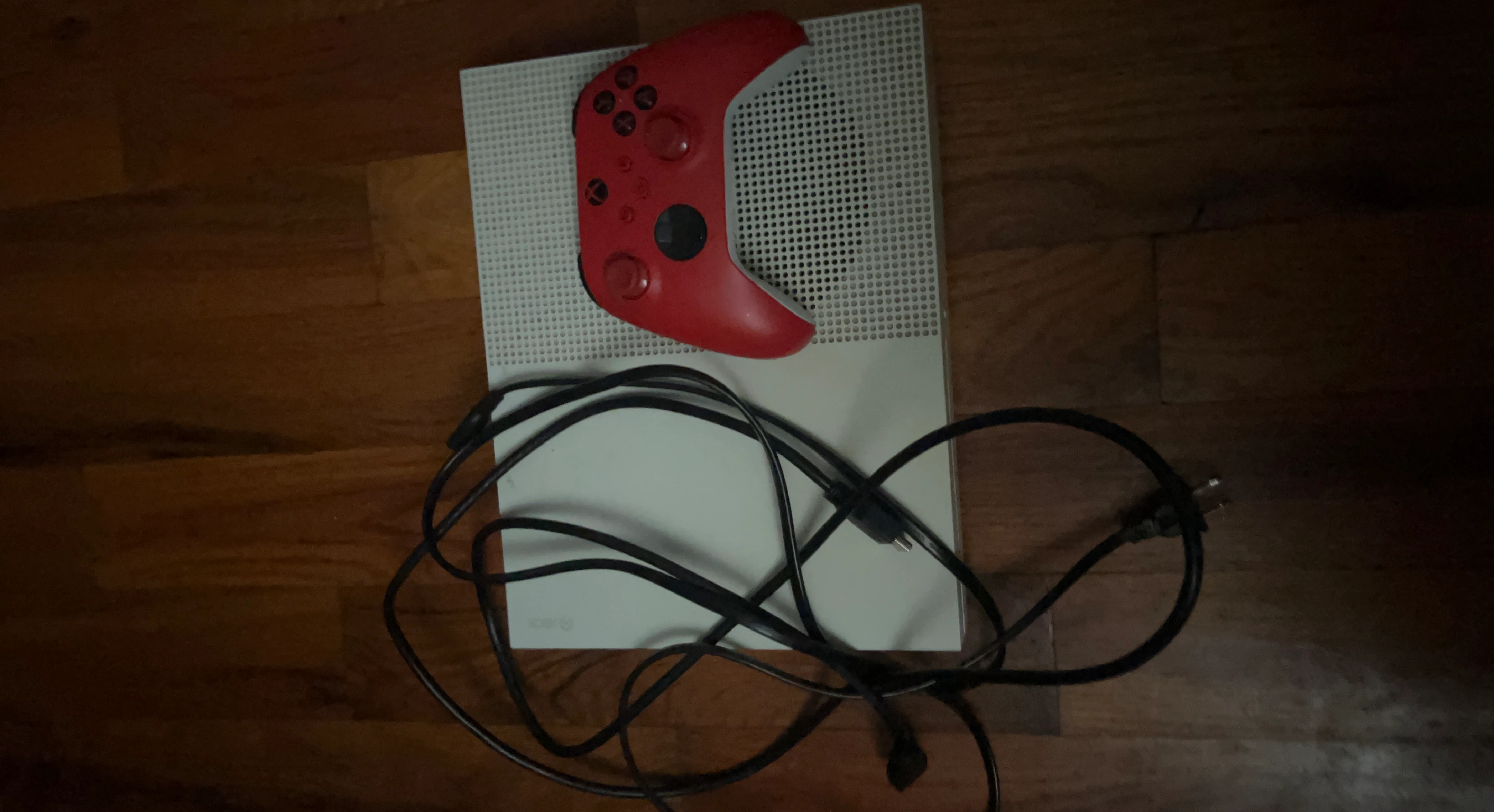 Xbox One S Console with Red Controller and Cables
