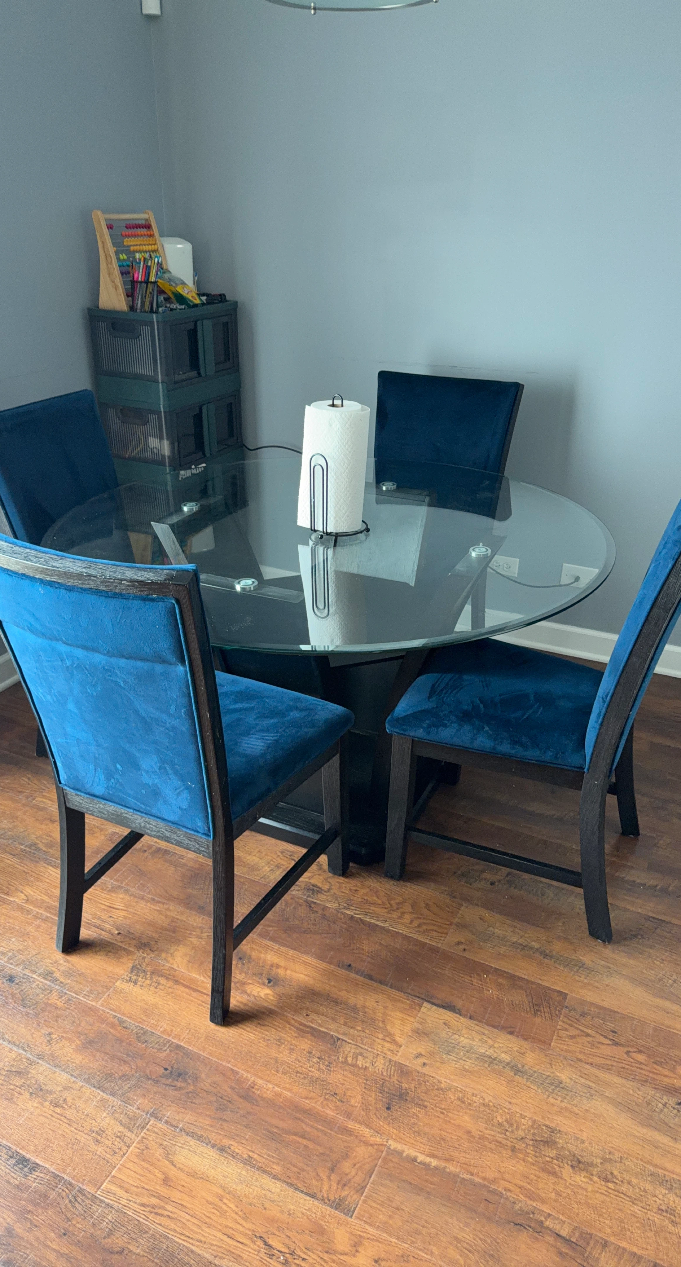 Glass Top Dining Table with 4 Blue Chairs