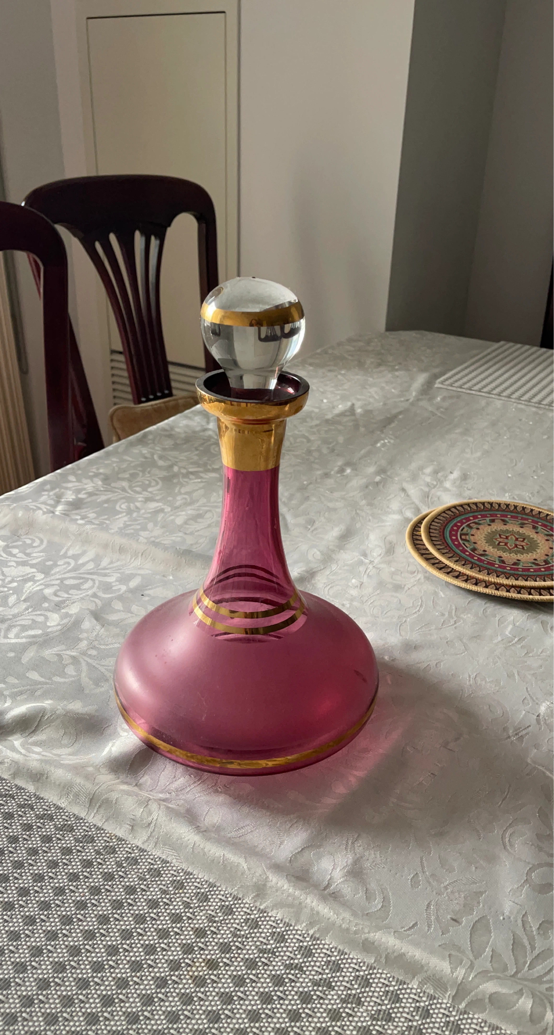 Pink Glass Decanter with Gold Trim