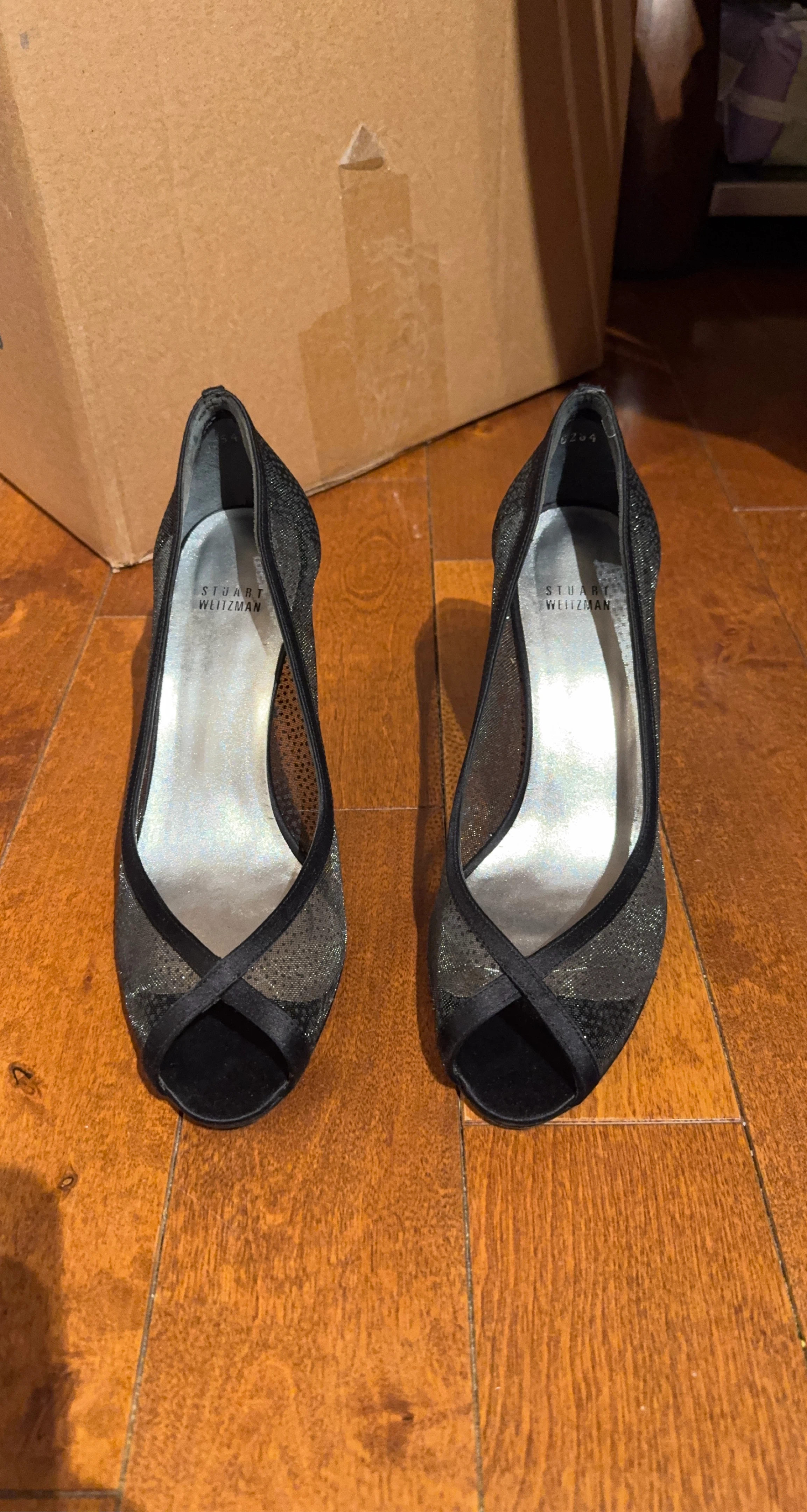 Stuart Weitzman Black Mesh Peep-Toe Heels