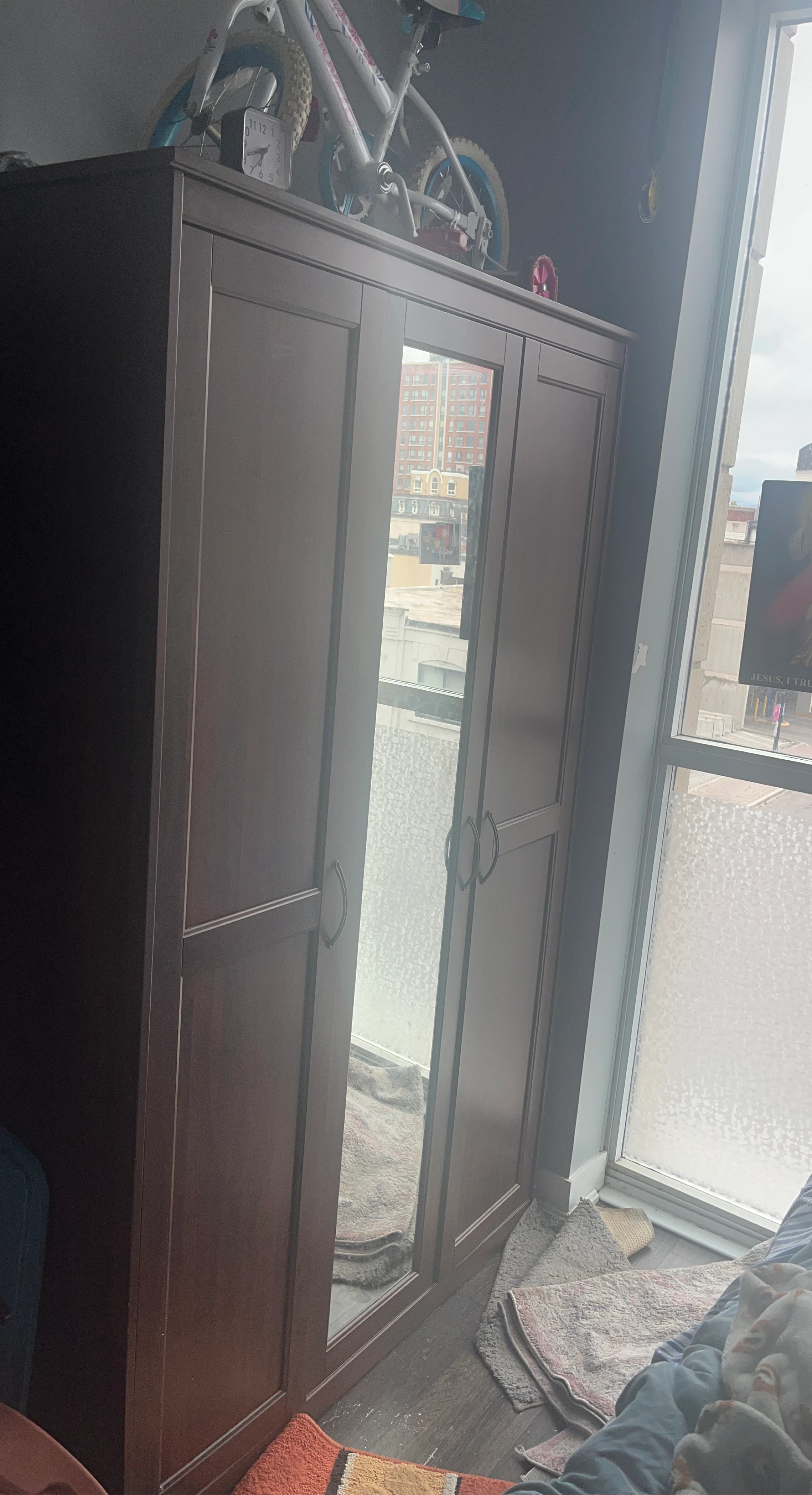 Dark Brown 3-Door Wardrobe with Mirror