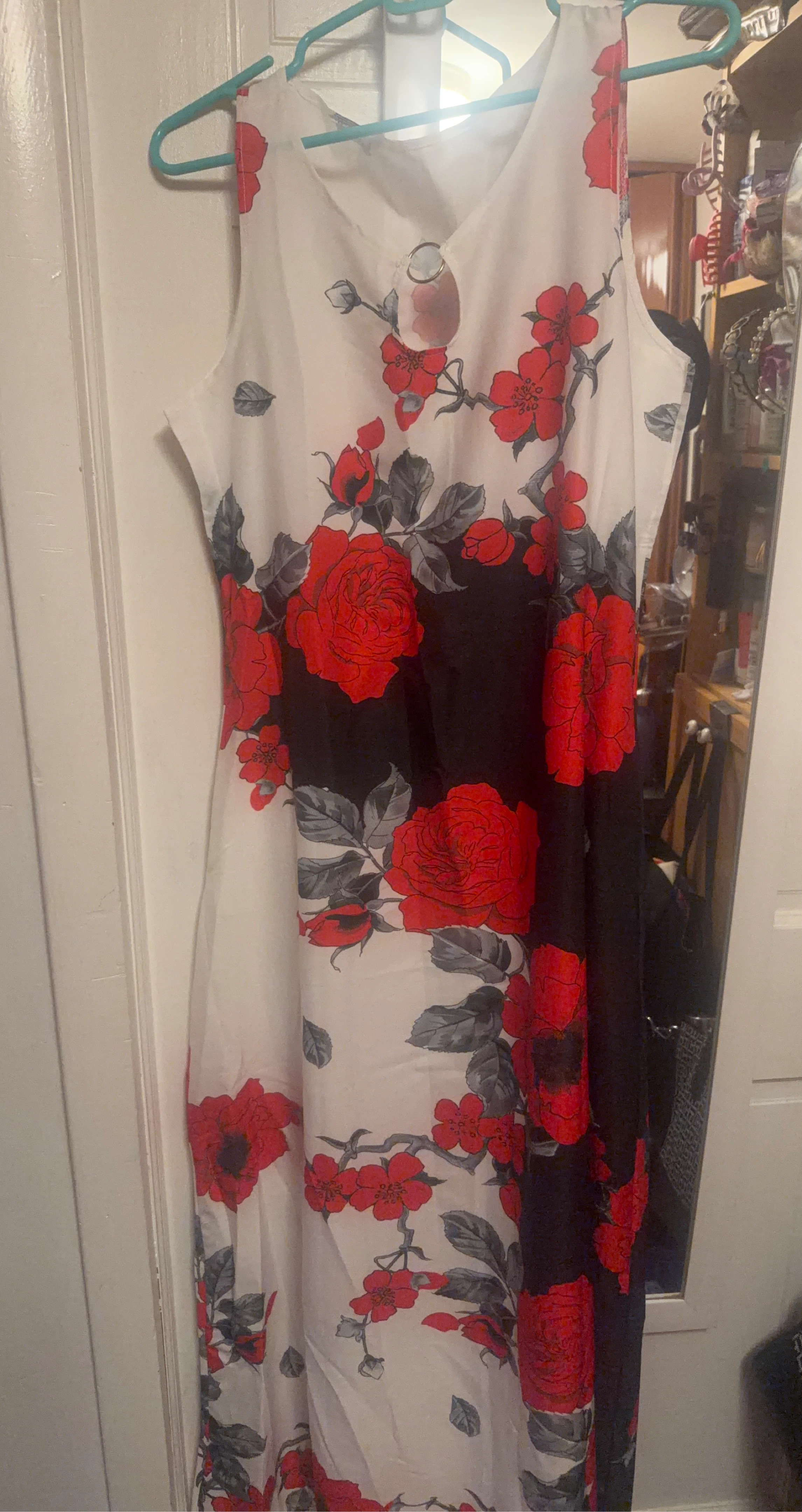 Sleeveless Floral Maxi Dress with Red Roses