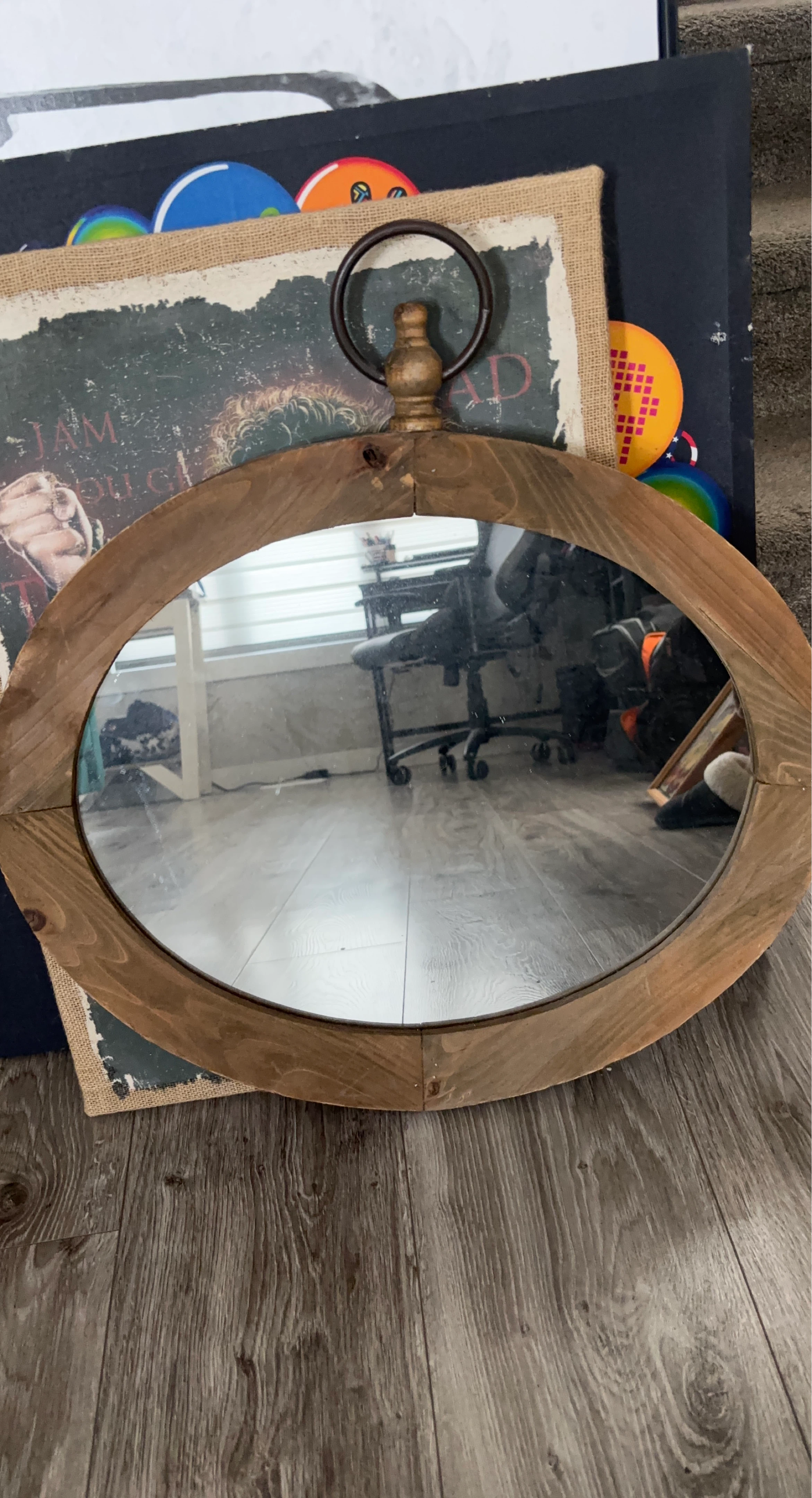 Oval Wood Framed Mirror with Hanging Loop