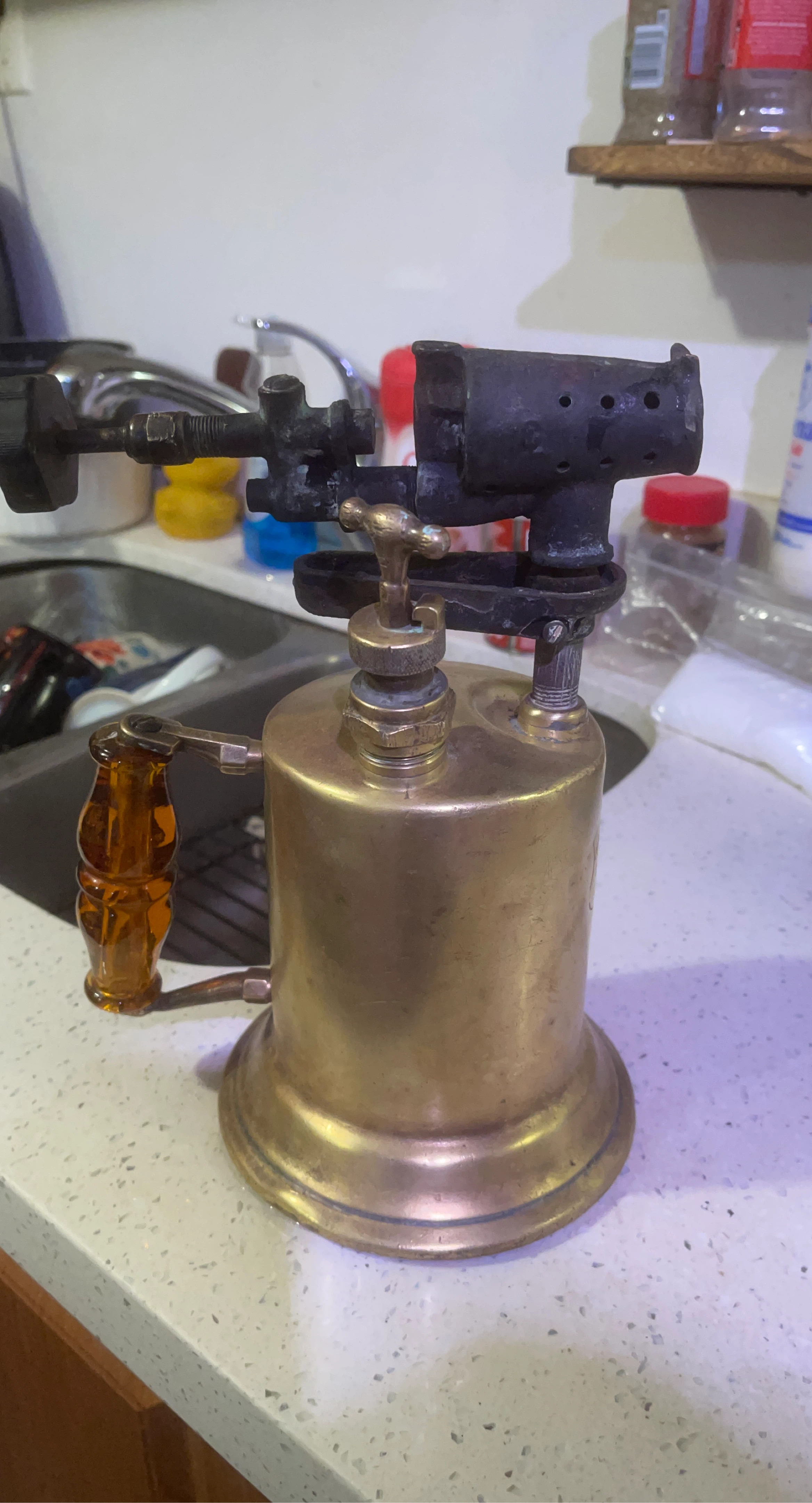 Vintage Brass Blow Torch with Amber Handle