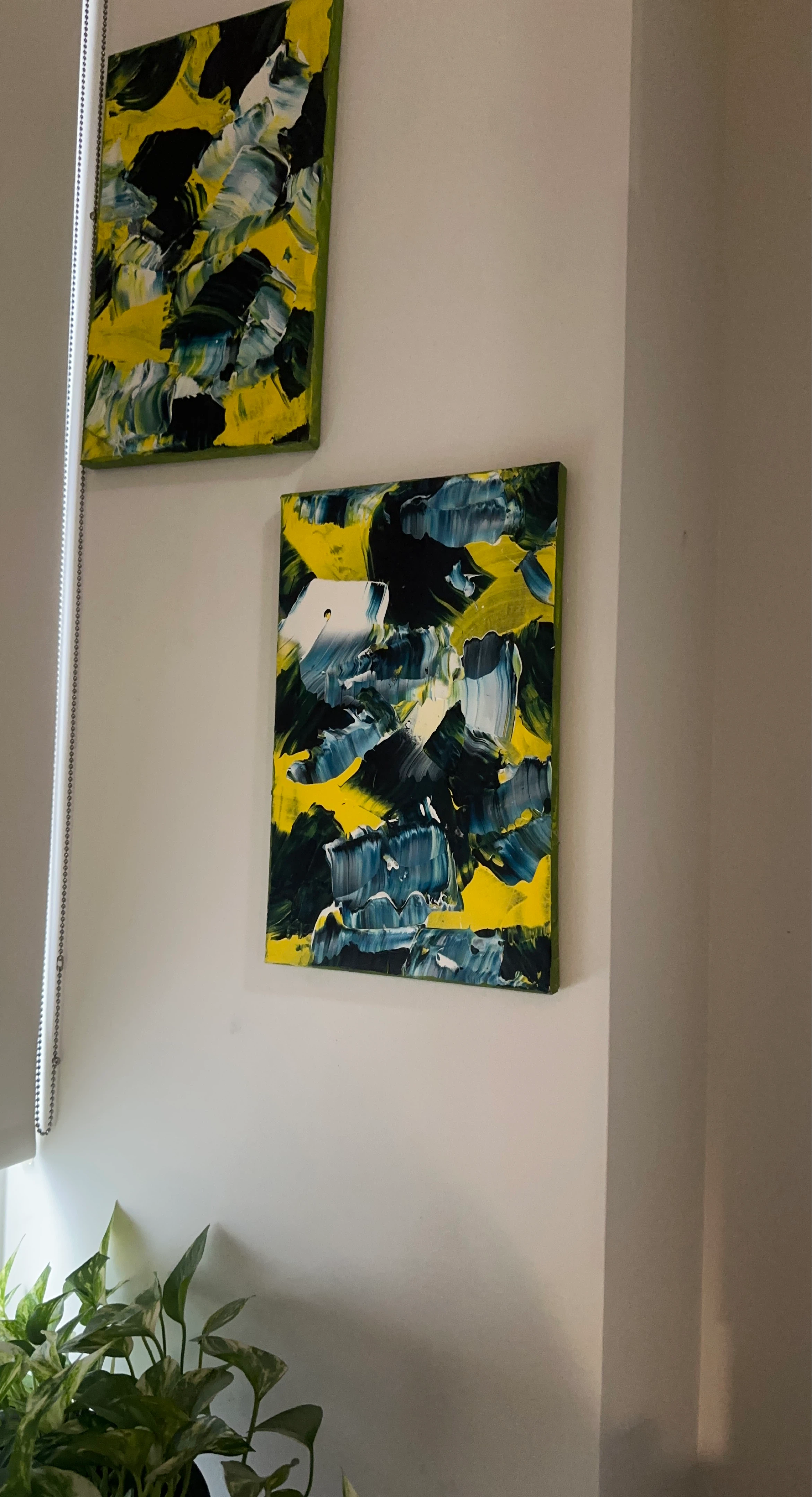 A pair of Abstract Art Painting - Yellow, Teal, and Black