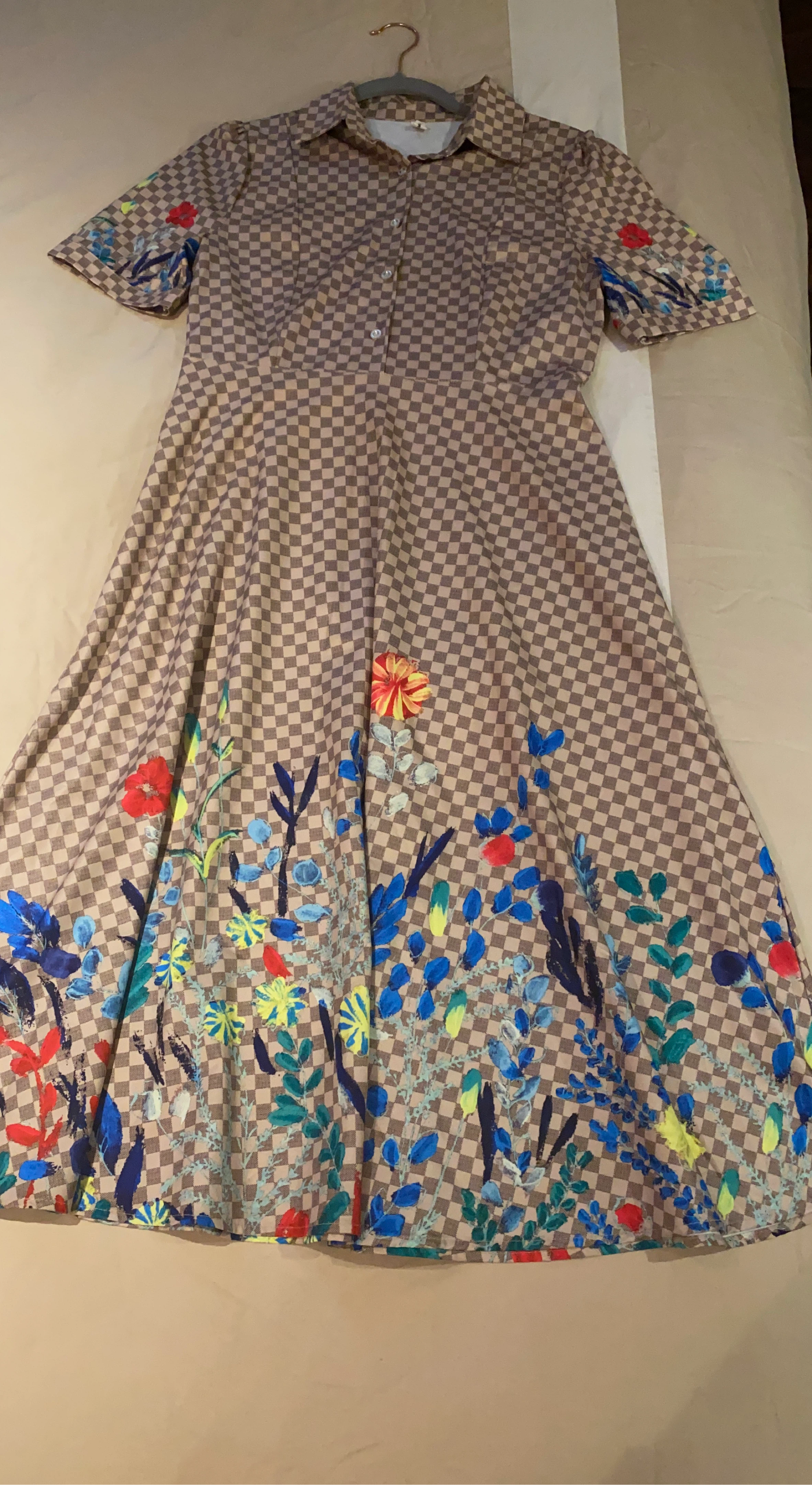 Women's Floral Print Checkerboard Dress