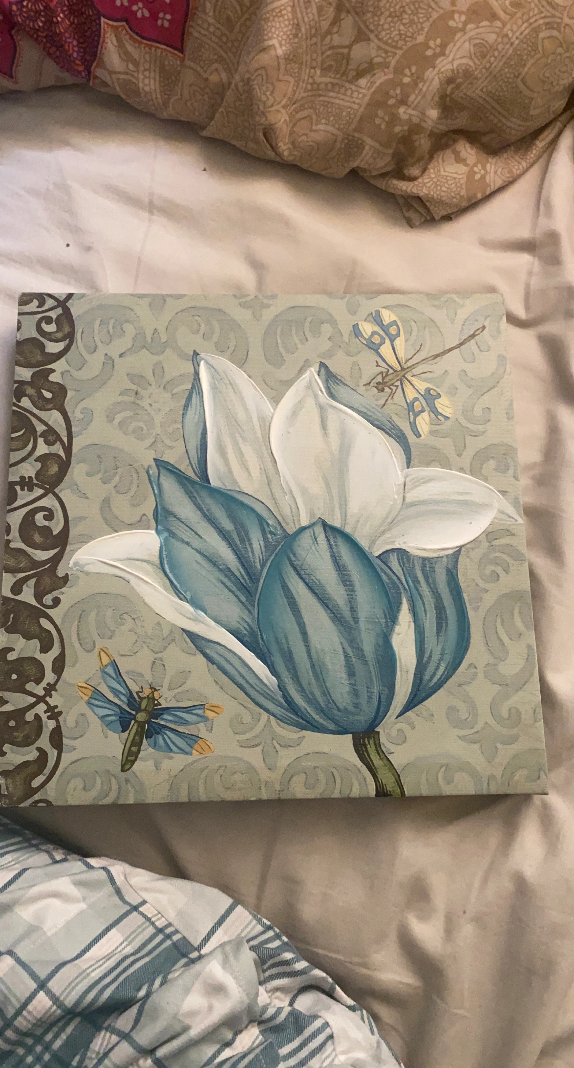 Canvas Wall Art - Blue and White Magnolia with Dragonflies