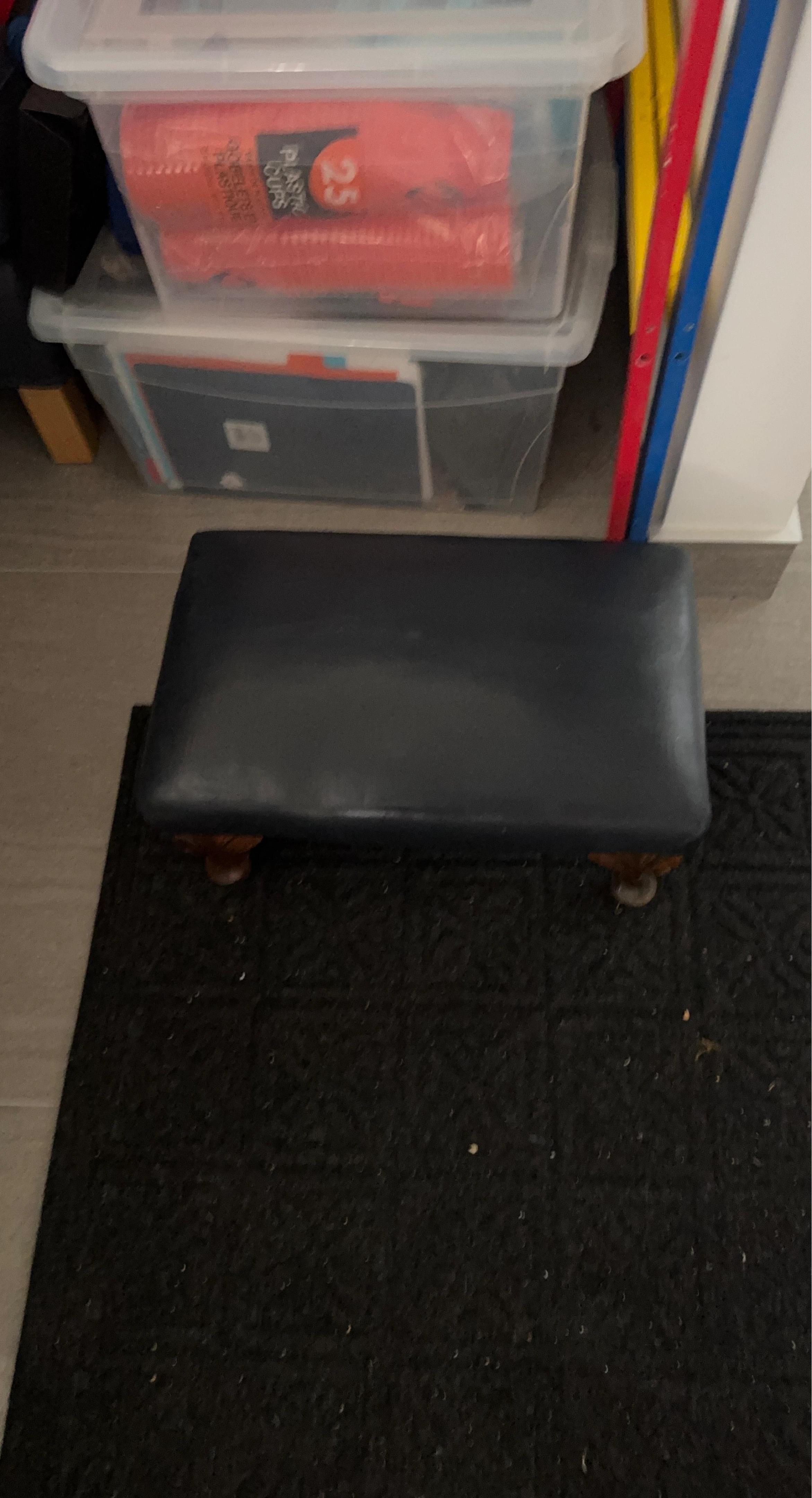 Dark Blue Faux Leather Footstool Ottoman