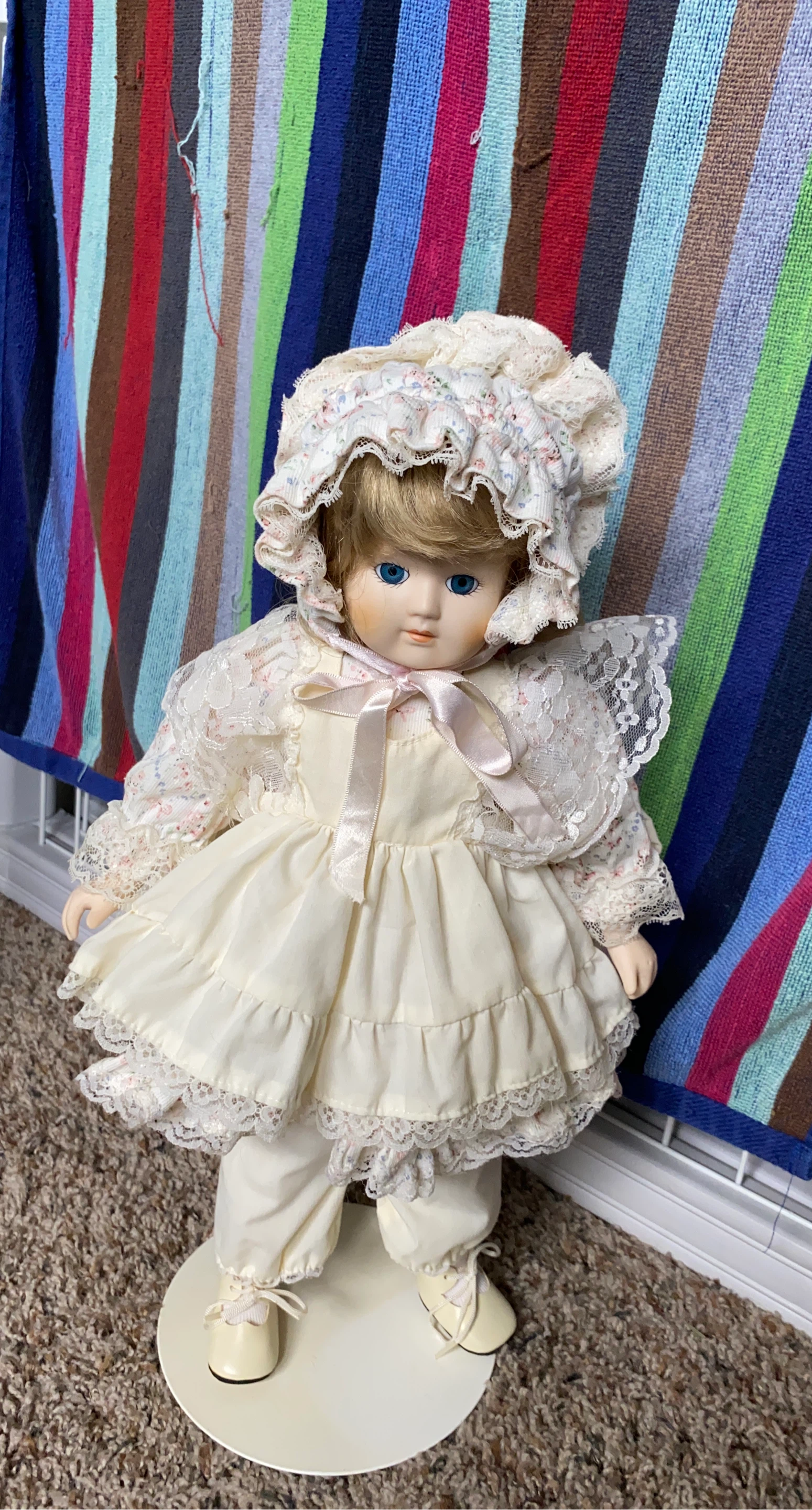 Vintage Porcelain Doll with Bonnet and Lace Dress