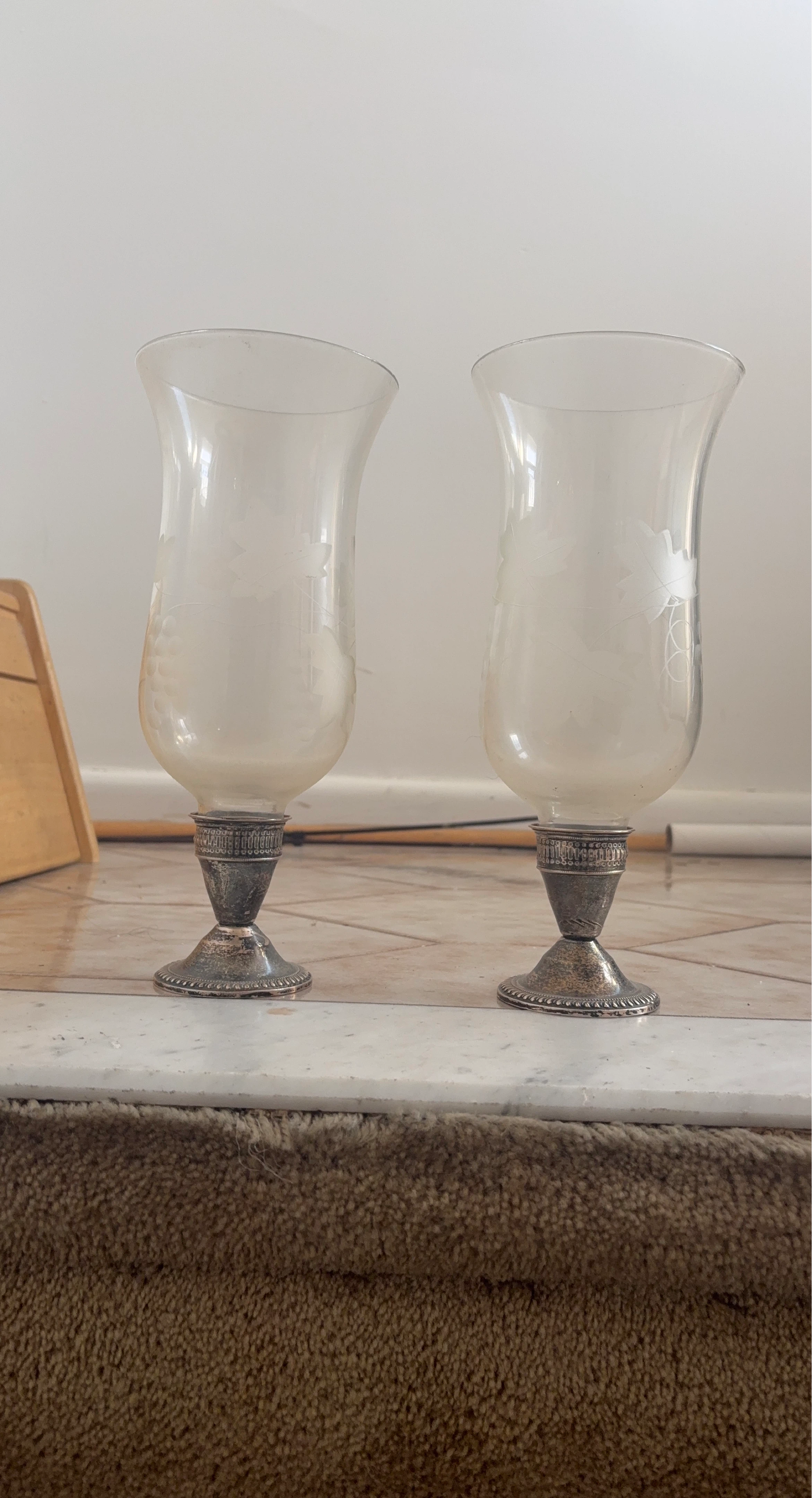 Set of 2 Glass Hurricane Candle Holders with Ornate Bases