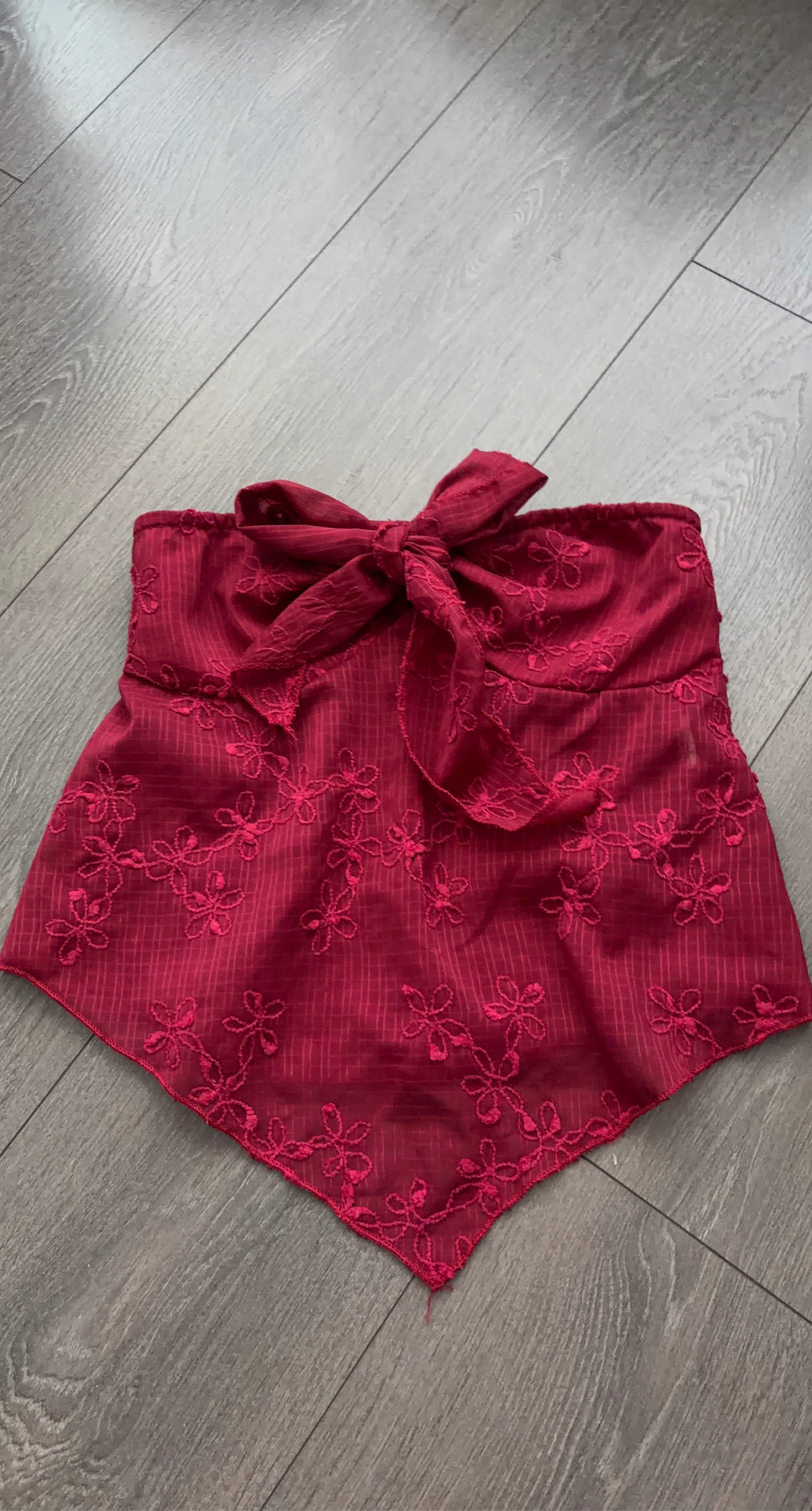 Red Embroidered Bandeau Top with Bow