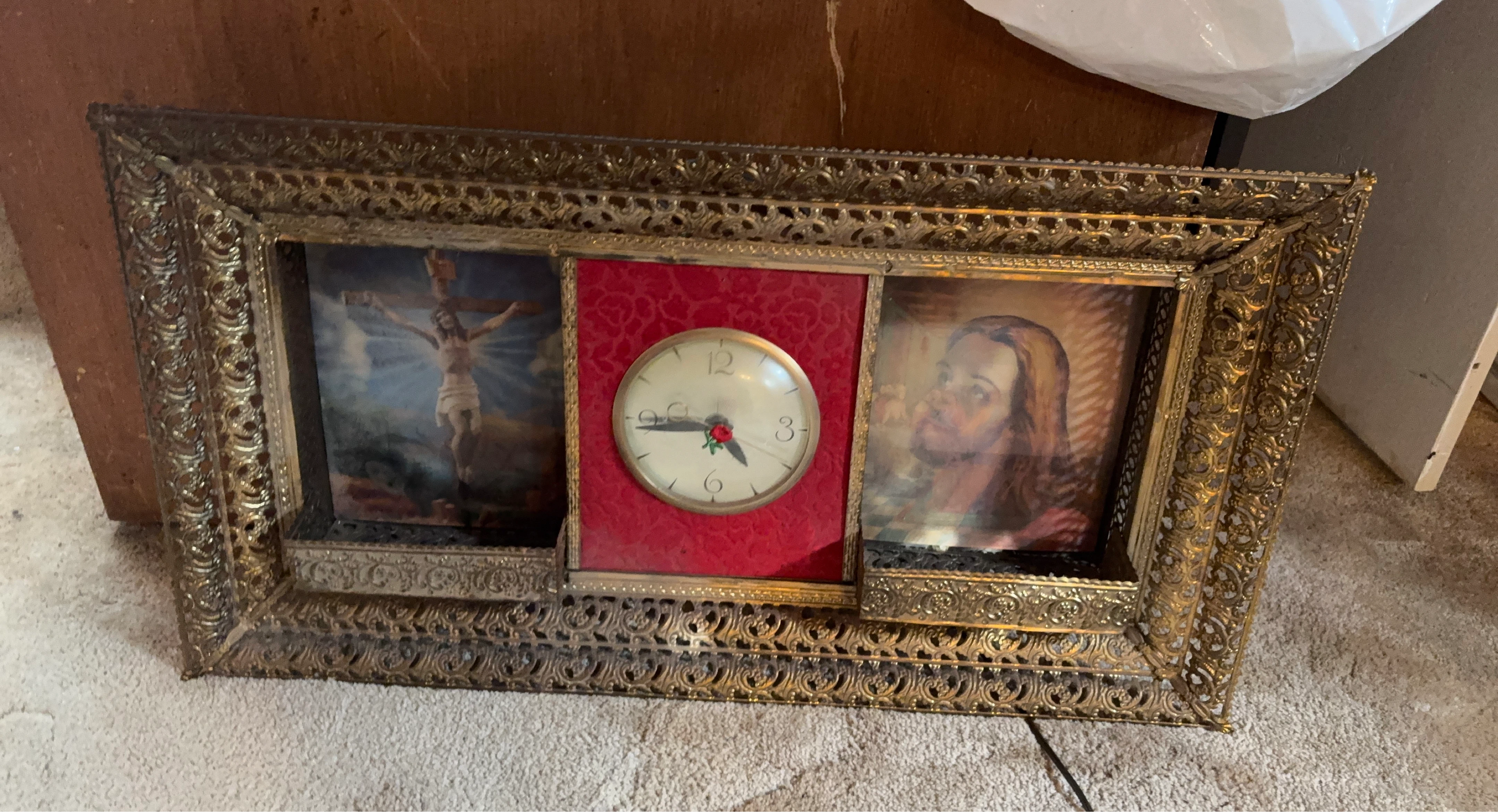 Ornate Gold Tone Religious Picture Frame with Clock