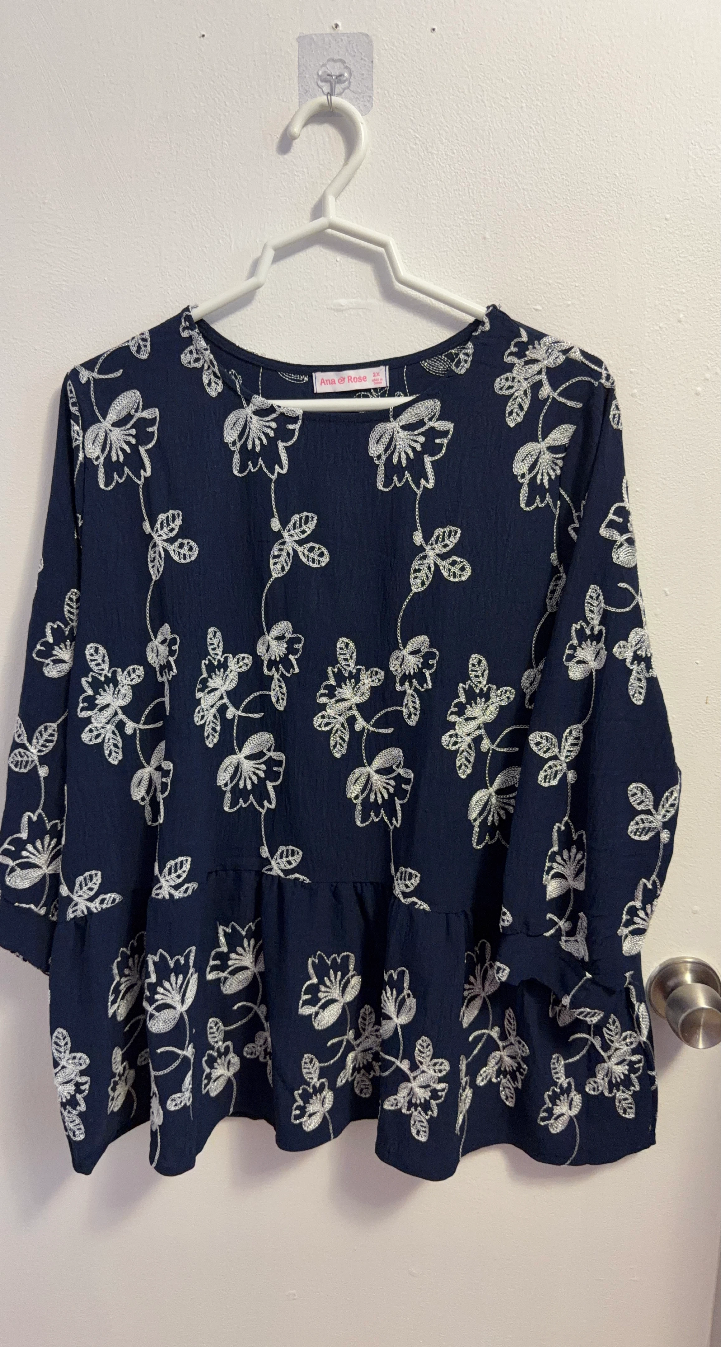 Ana & Rose Navy Embroidered Peplum Top Size 2X