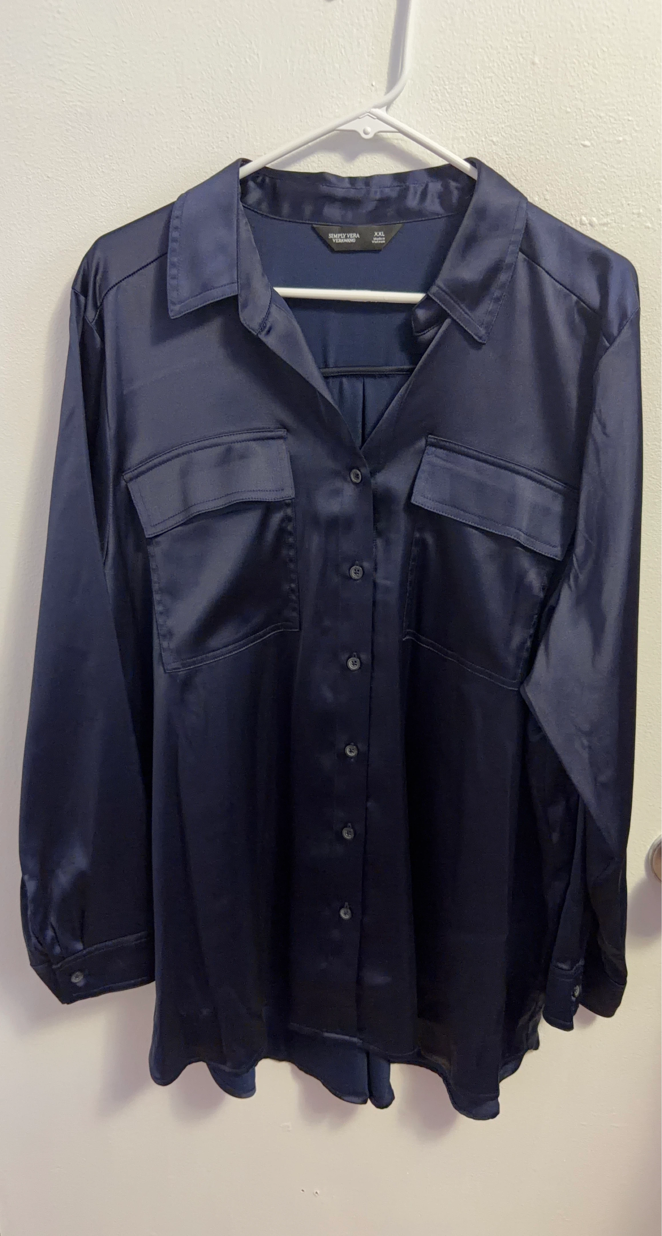 Simply Vera Vera Wang Navy Blue Satin Button-Up Shirt XXL