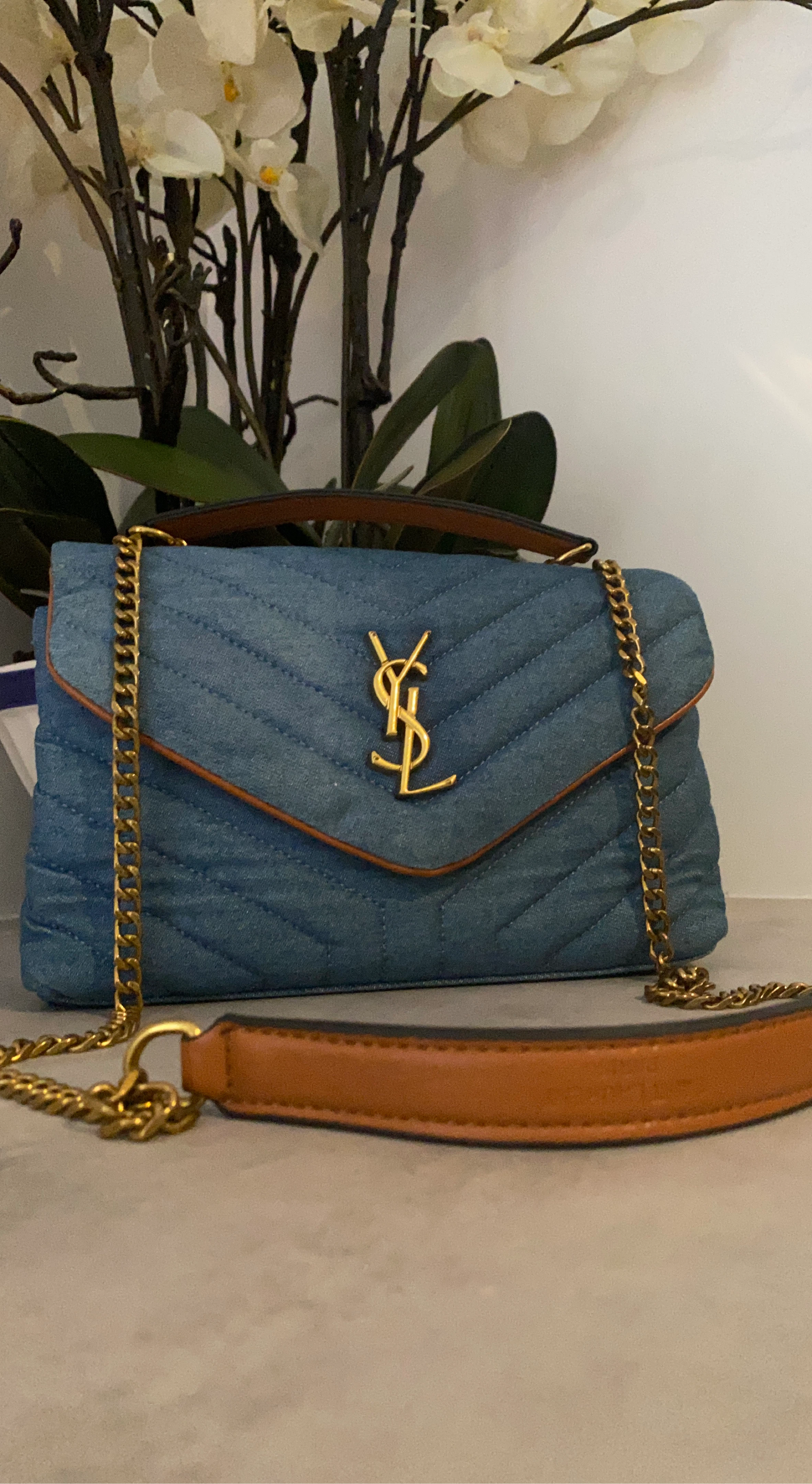 Saint Laurent Denim Chevron Chain Bag