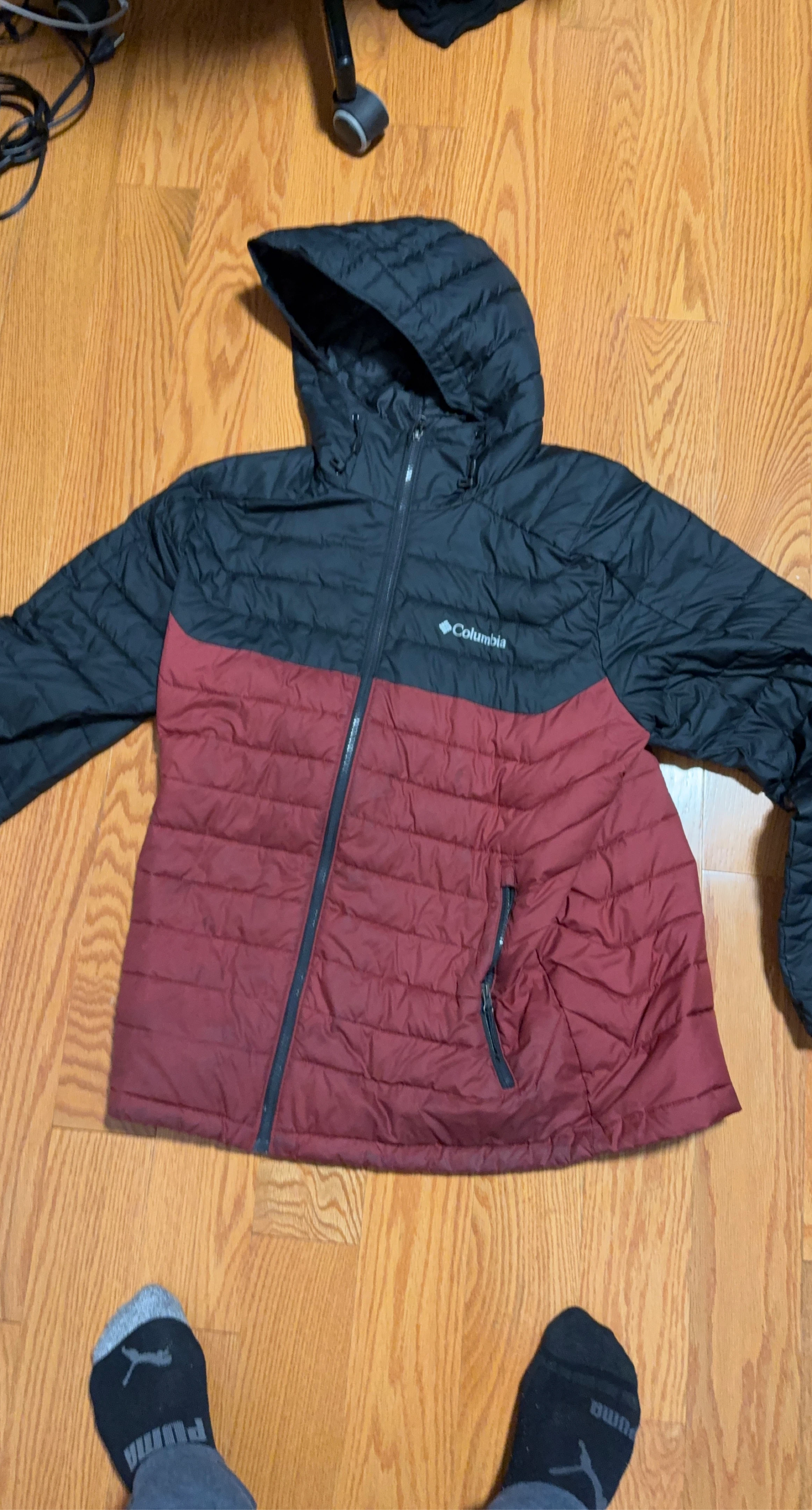 Columbia Hooded Puffer Jacket - Black and Red