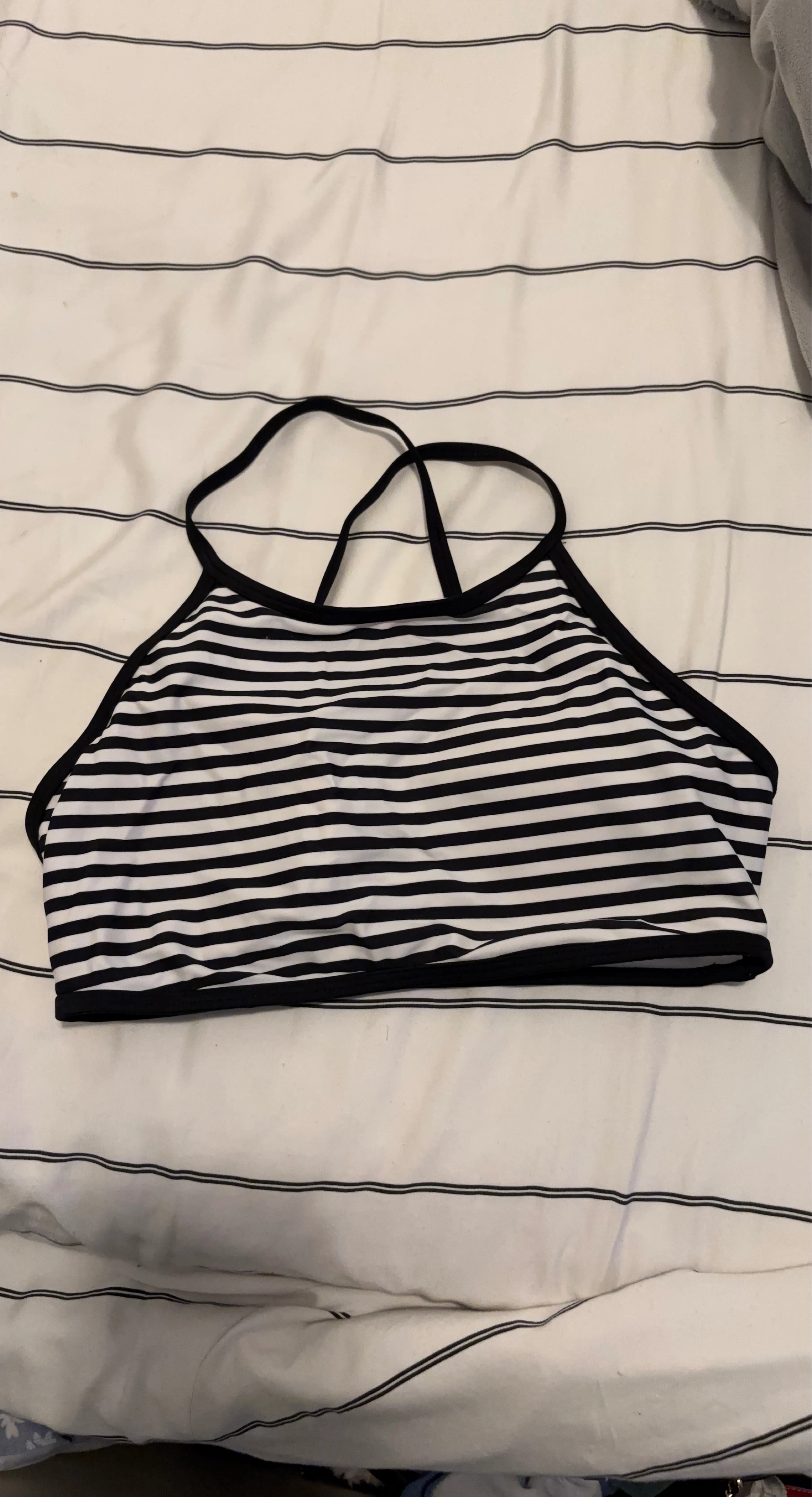 Black and White Striped Halter Bikini Top