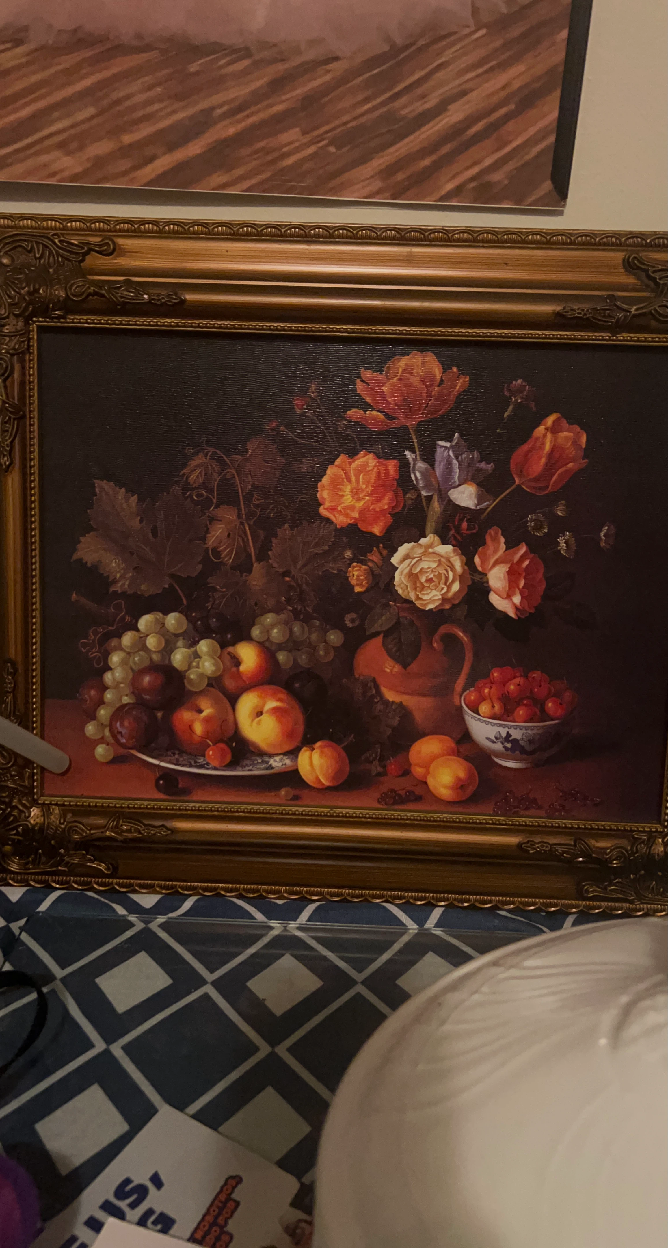 Framed Still Life Painting of Fruit and Flowers