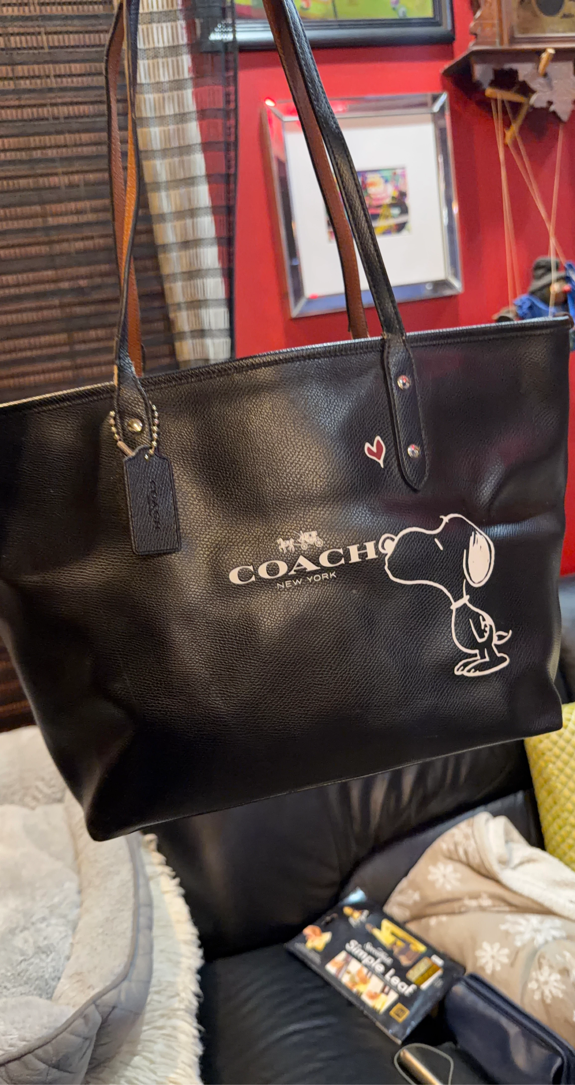 Coach Snoopy Heart Tote Bag Black Leather