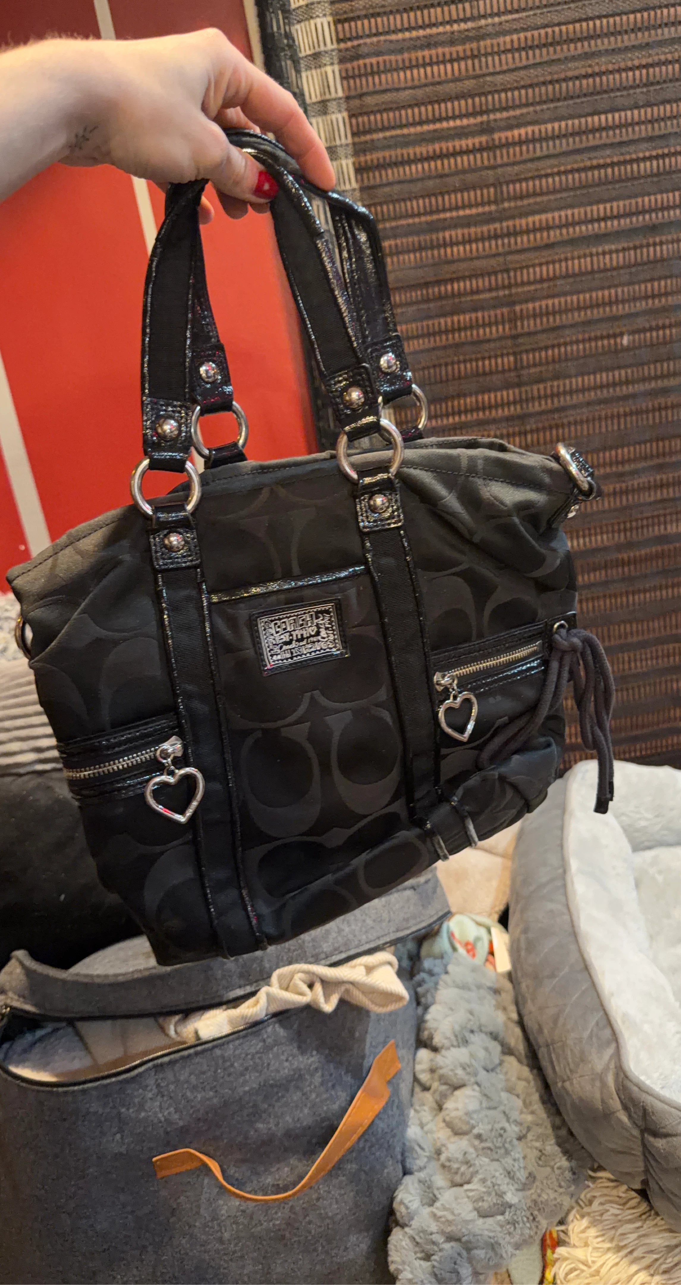 Black Coach Monogram Tote Bag with Heart Charm