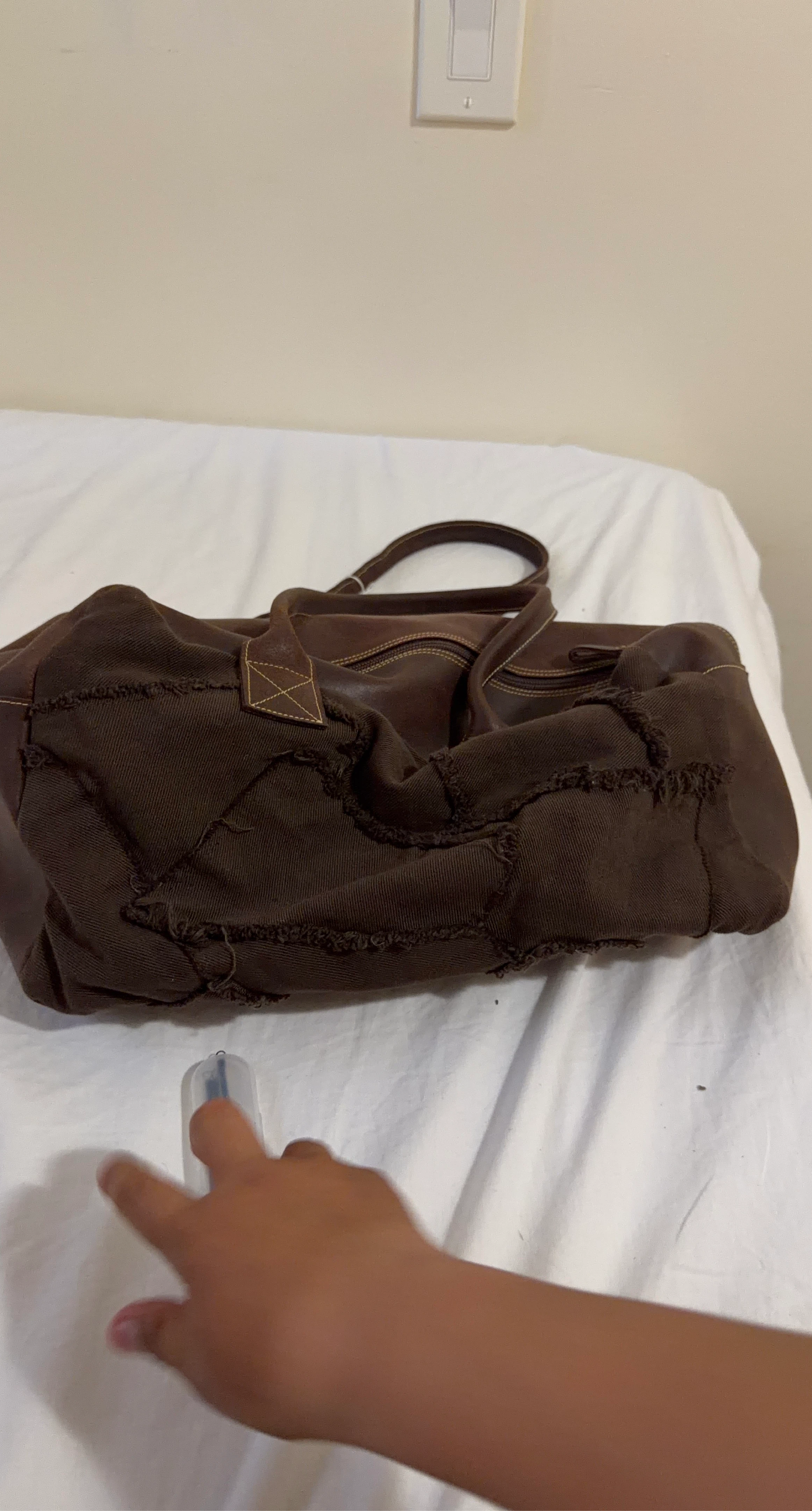 Brown Patchwork Canvas and Leather Barrel Bag