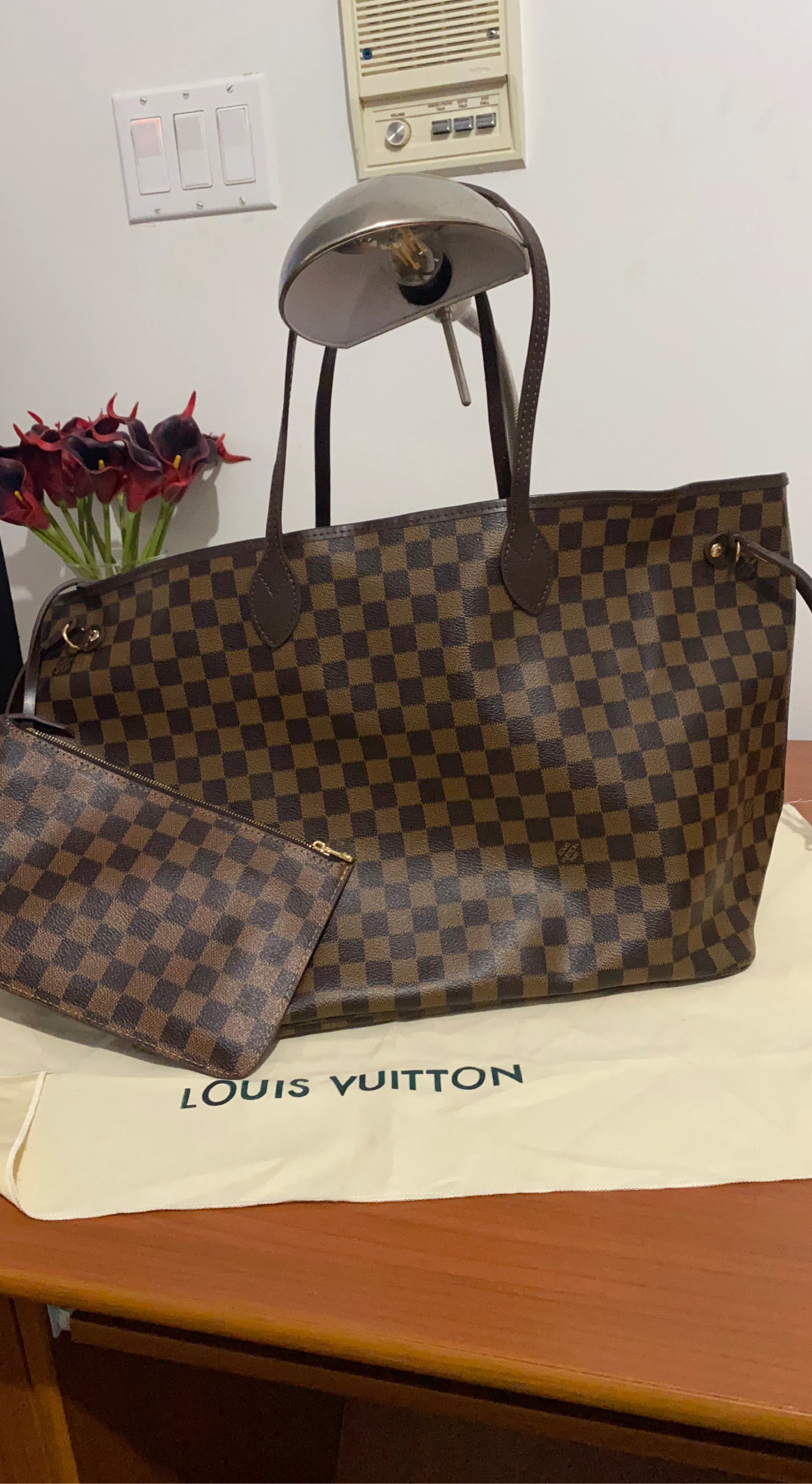 Louis Vuitton Damier Ebene Neverfull GMTote Bag with Pouch
