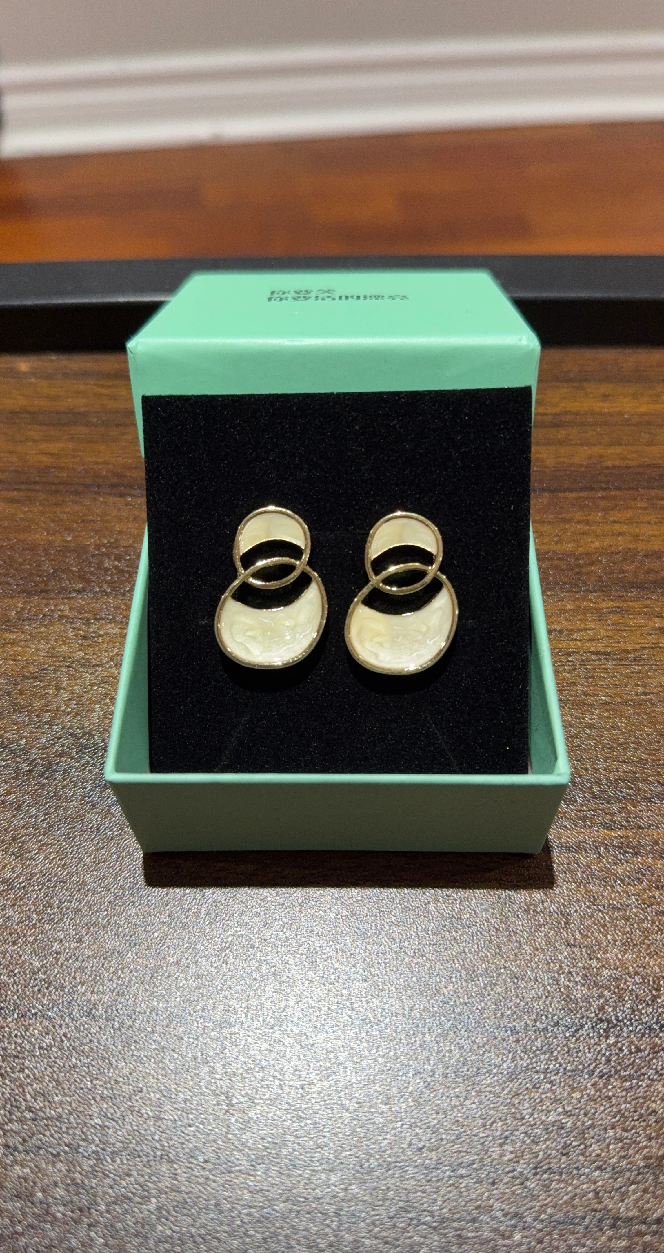 Gold Tone Cream Enamel Oval Drop Earrings