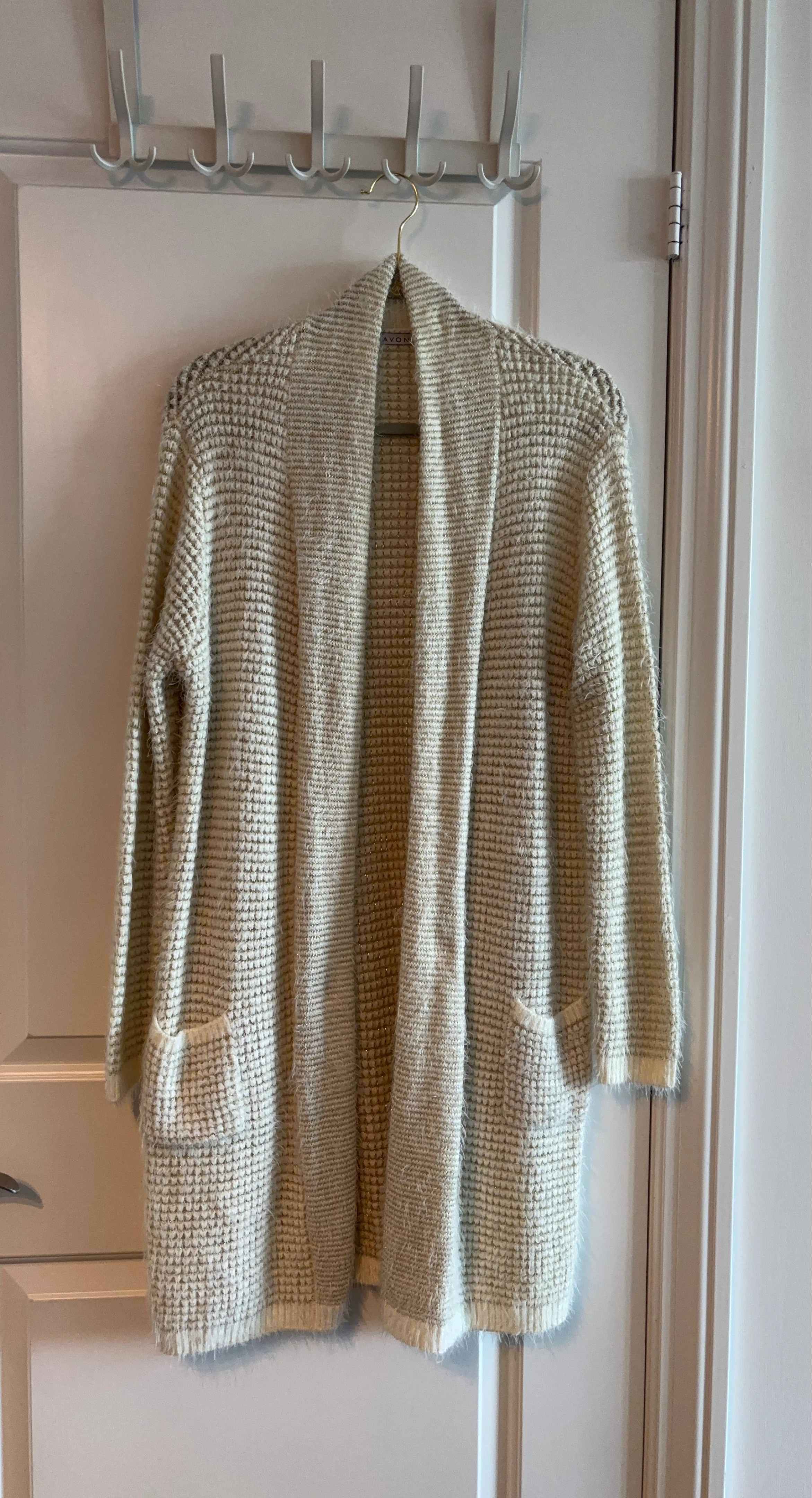 AVON Cream & Gold Fuzzy Cardigan Sweater - L/G (12-14)