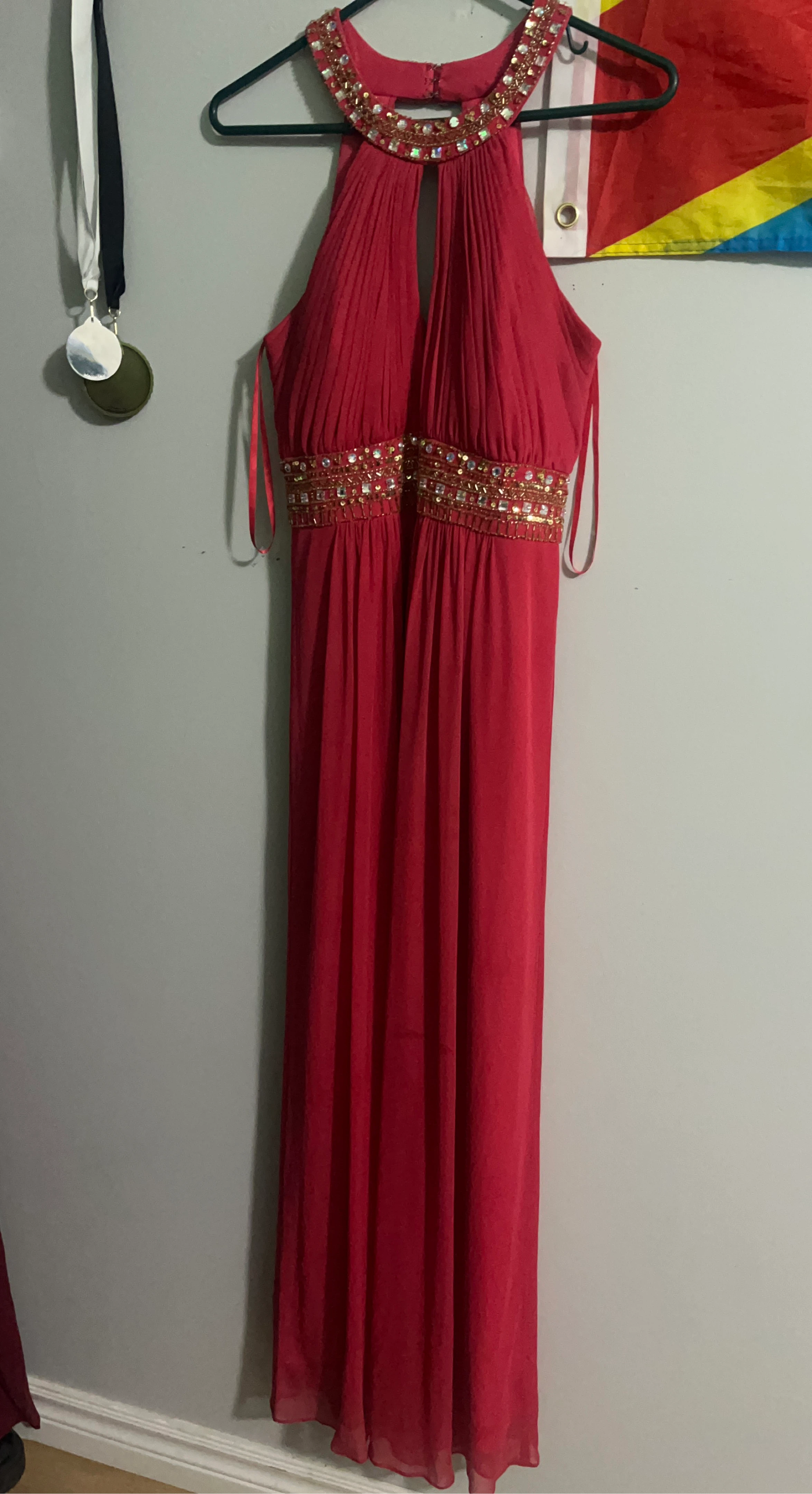 Red Embellished Halter Maxi Dress