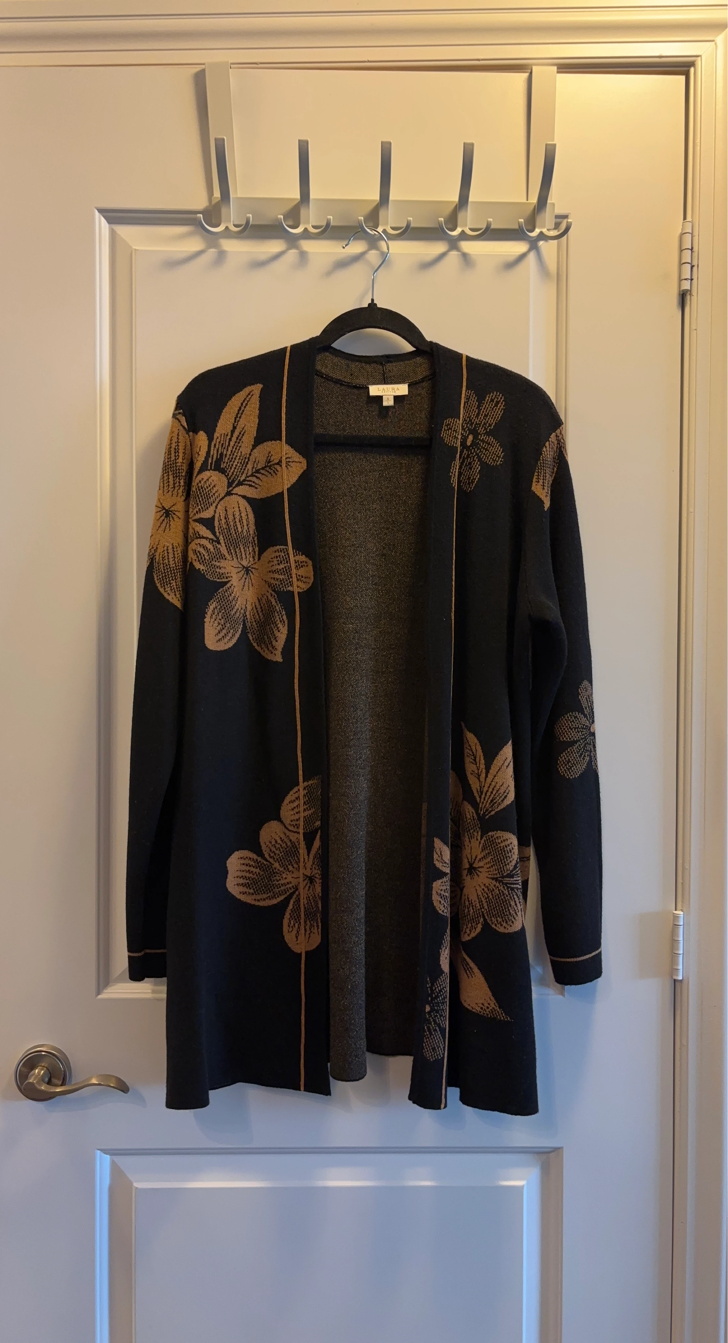 Laura Petites Black Floral Long Cardigan Size L