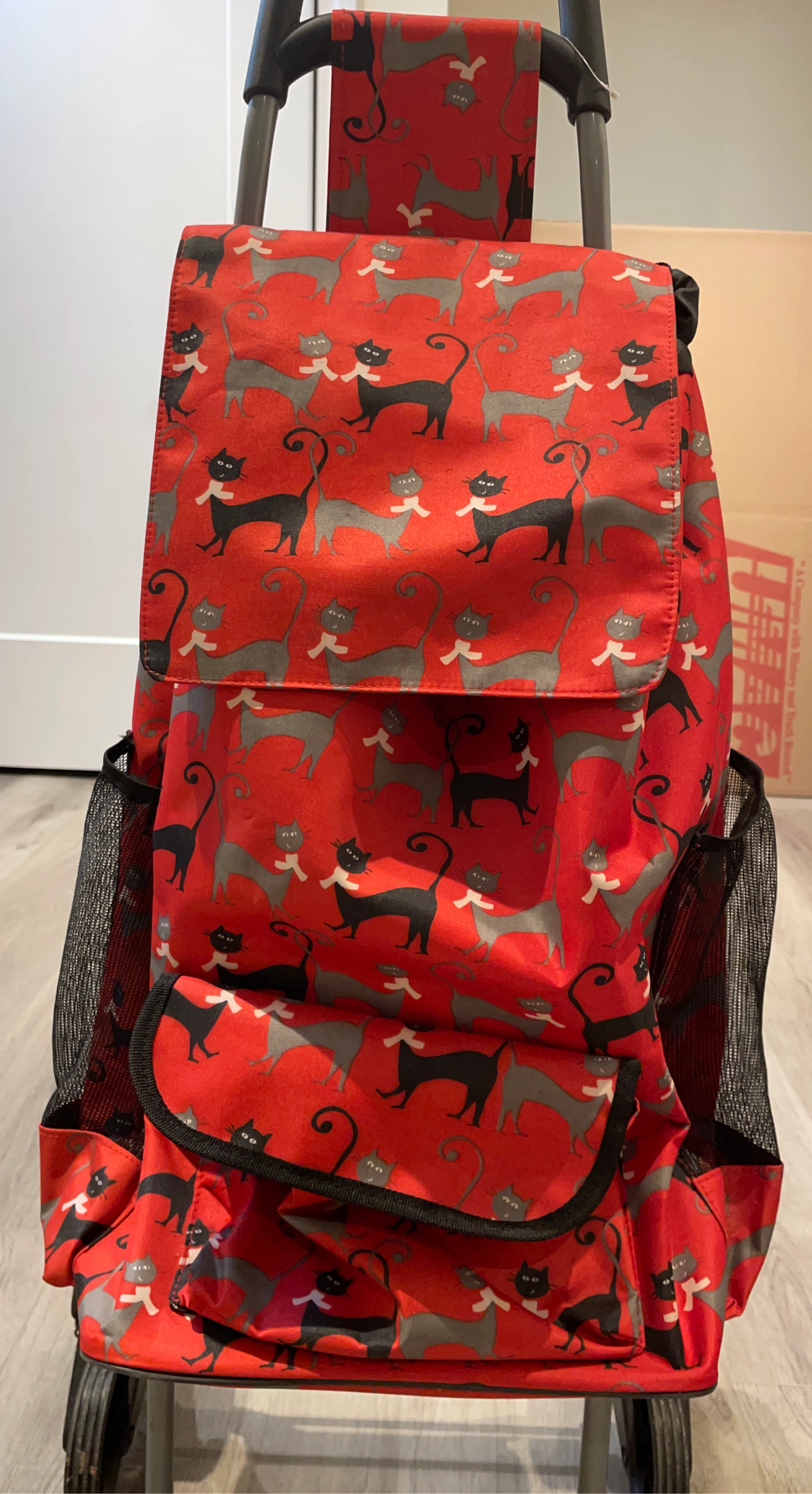 Red Shopping Trolley Bag with Cat Pattern