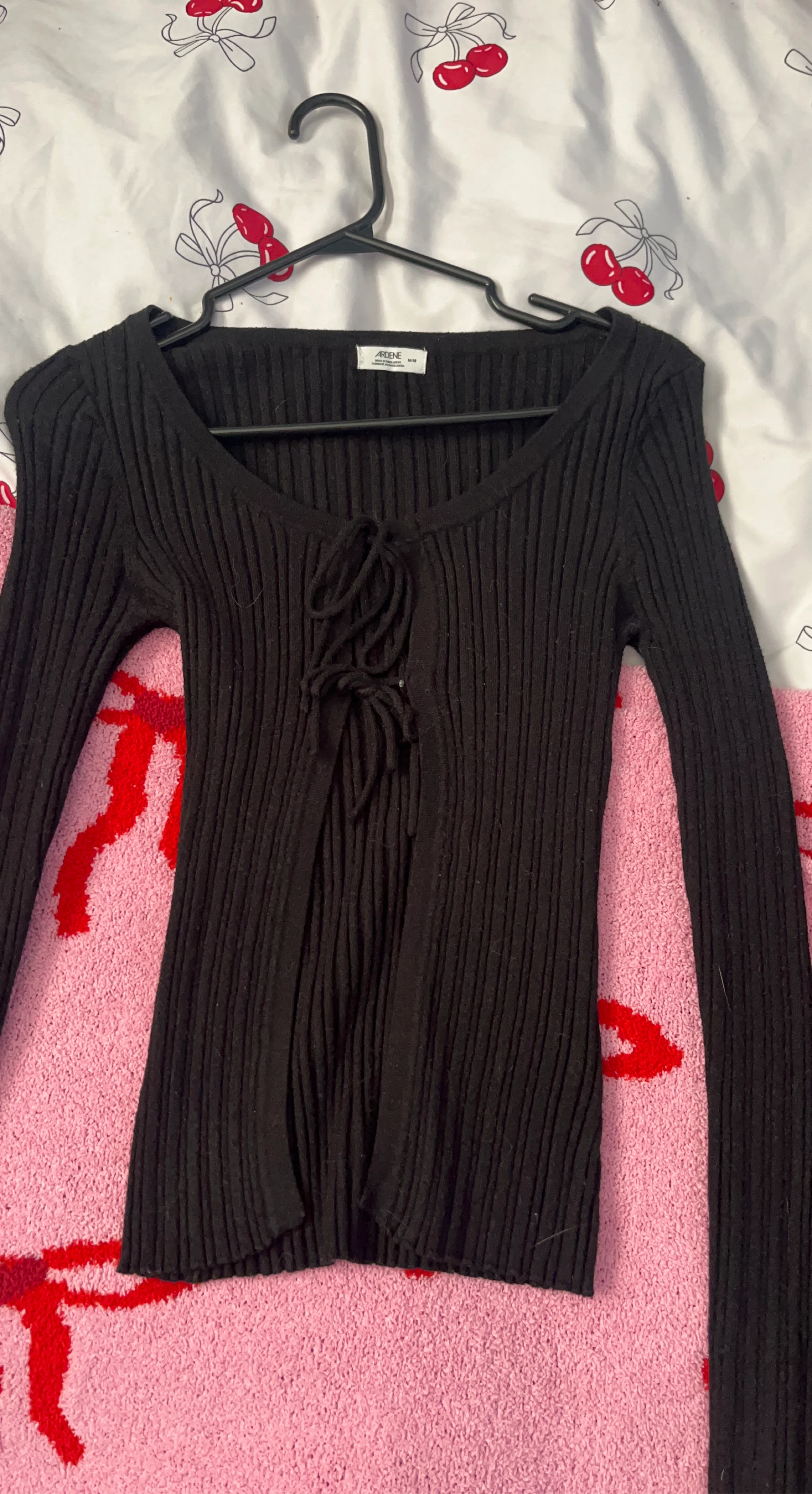 Ardene Black Ribbed Tie-Front Long Sleeve Top M/M