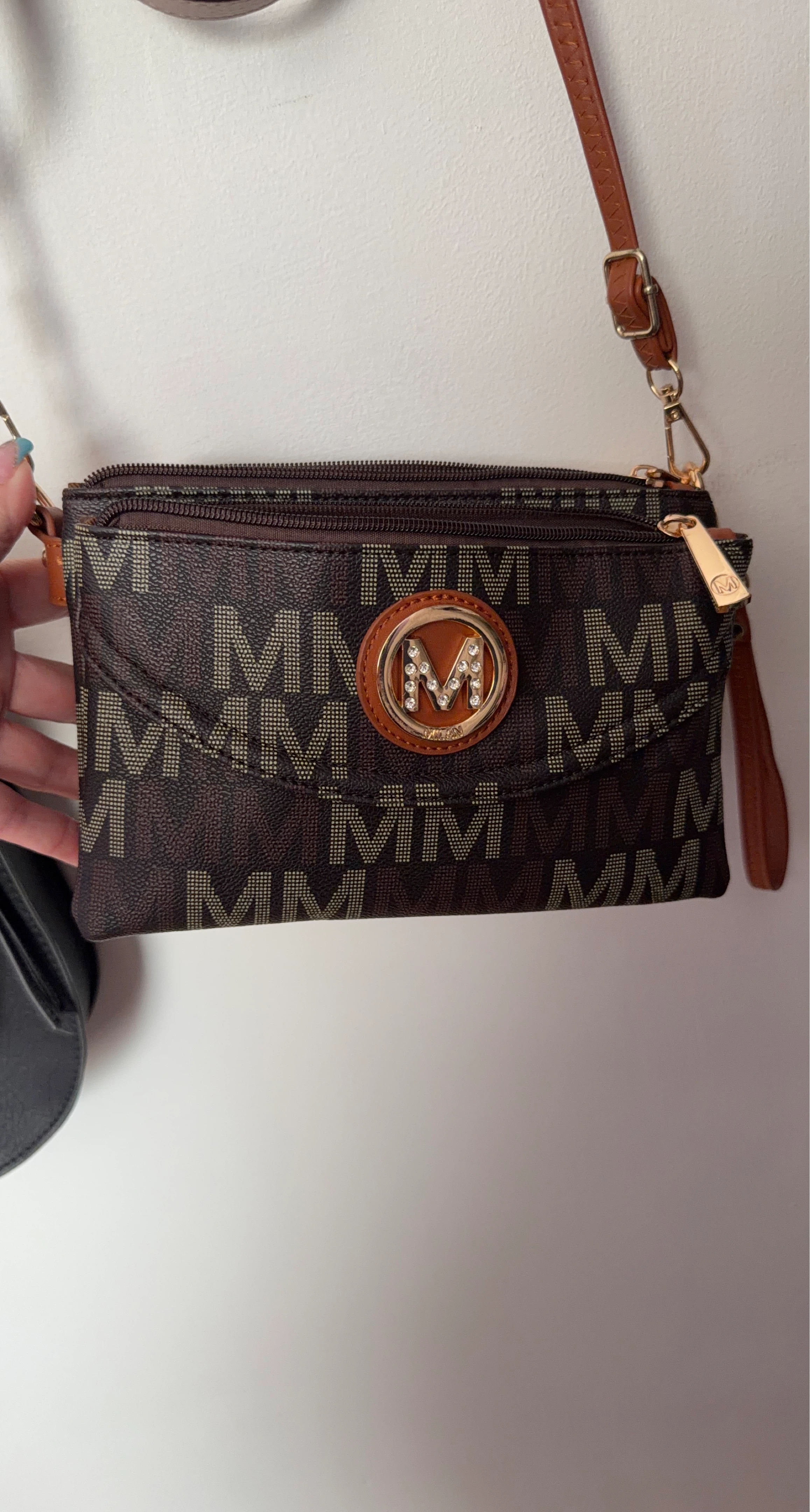 Brown MKF Collection Crossbody Bag with "M" Logo