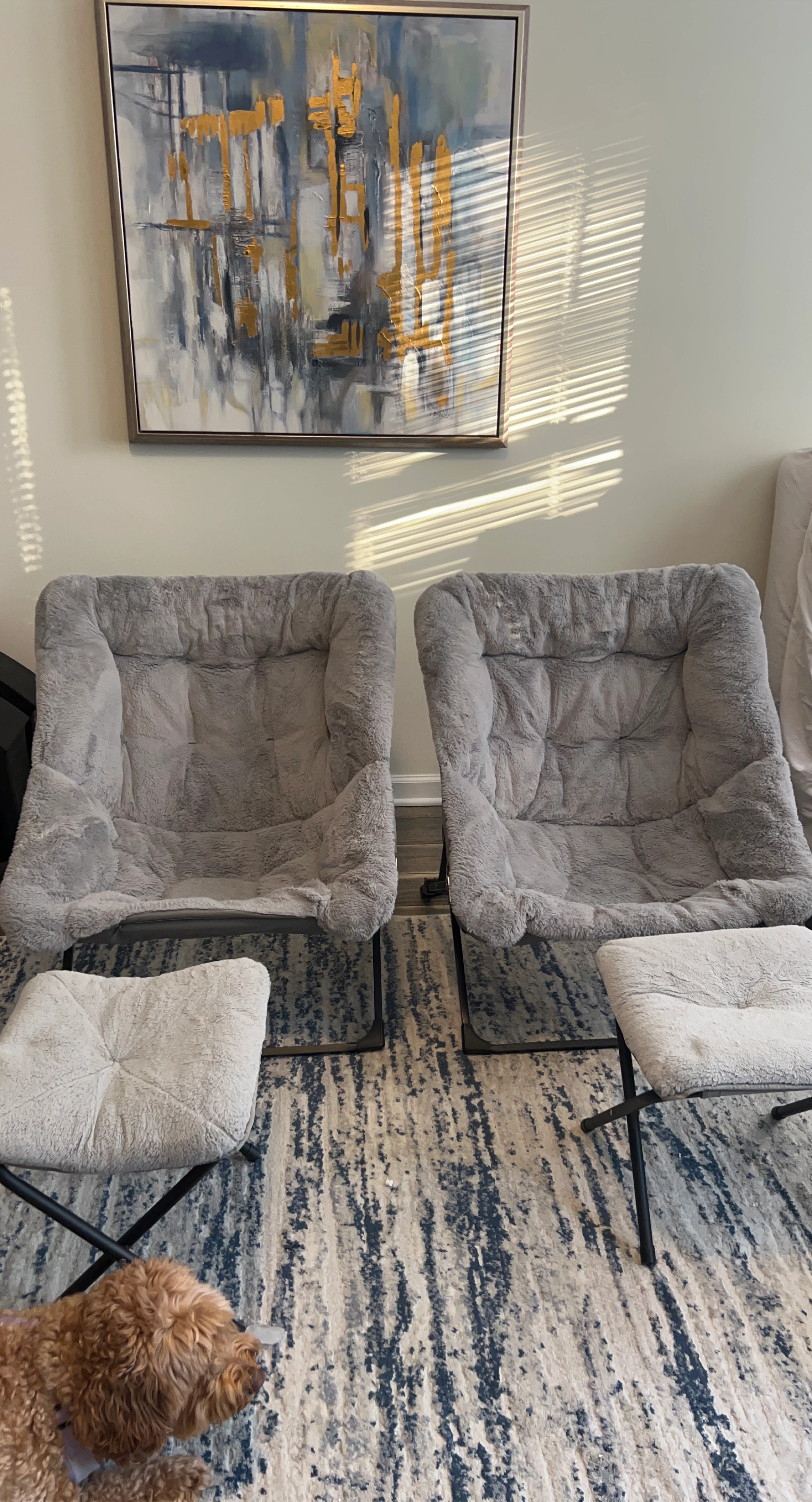 Set of 2 Gray Faux Fur Butterfly Chairs with Ottomans