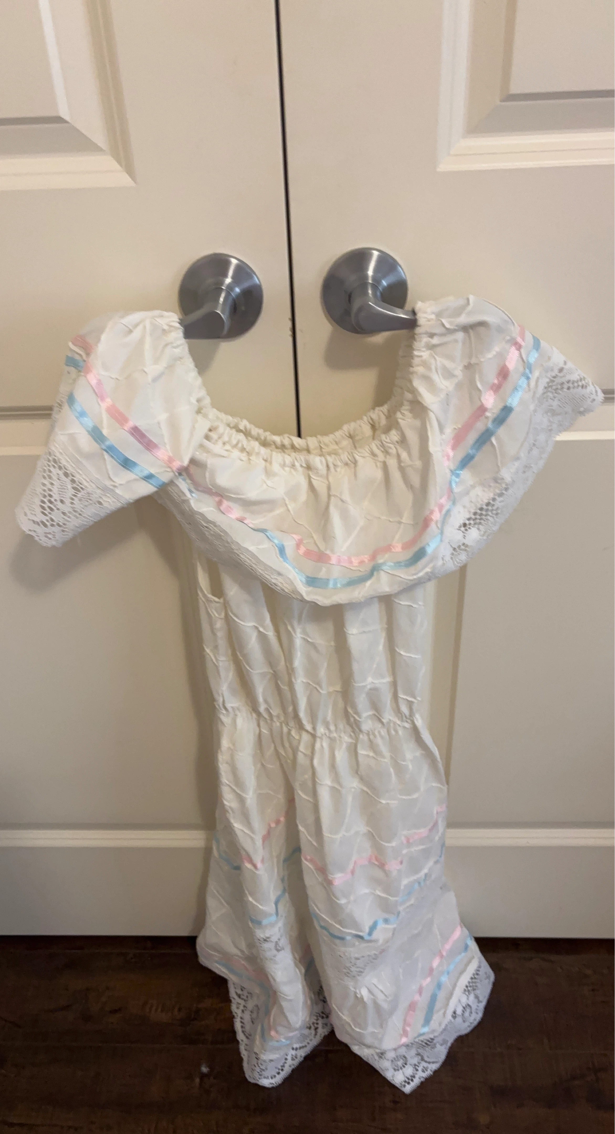 Off-the-shoulder Dress with Pink and Blue Ribbon Accents