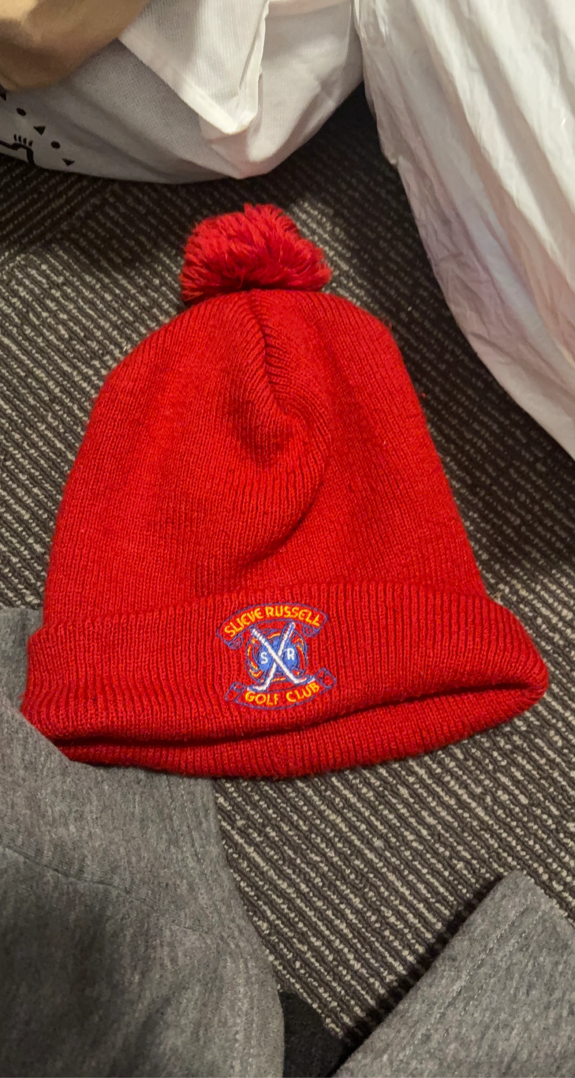 Red Steve Russell Golf Club Beanie with Pom