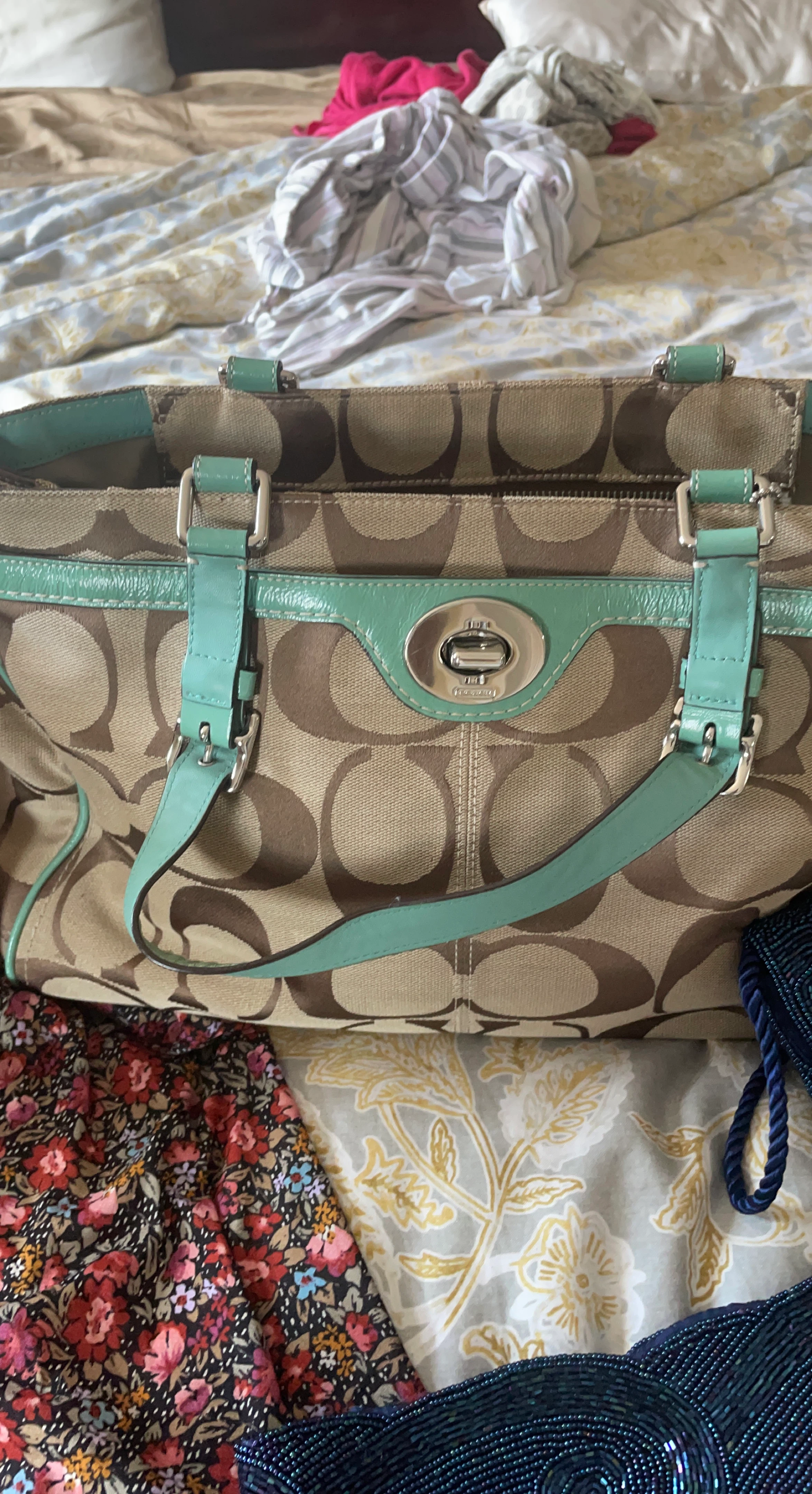 Coach Signature Canvas Tote Bag with Teal Accents
