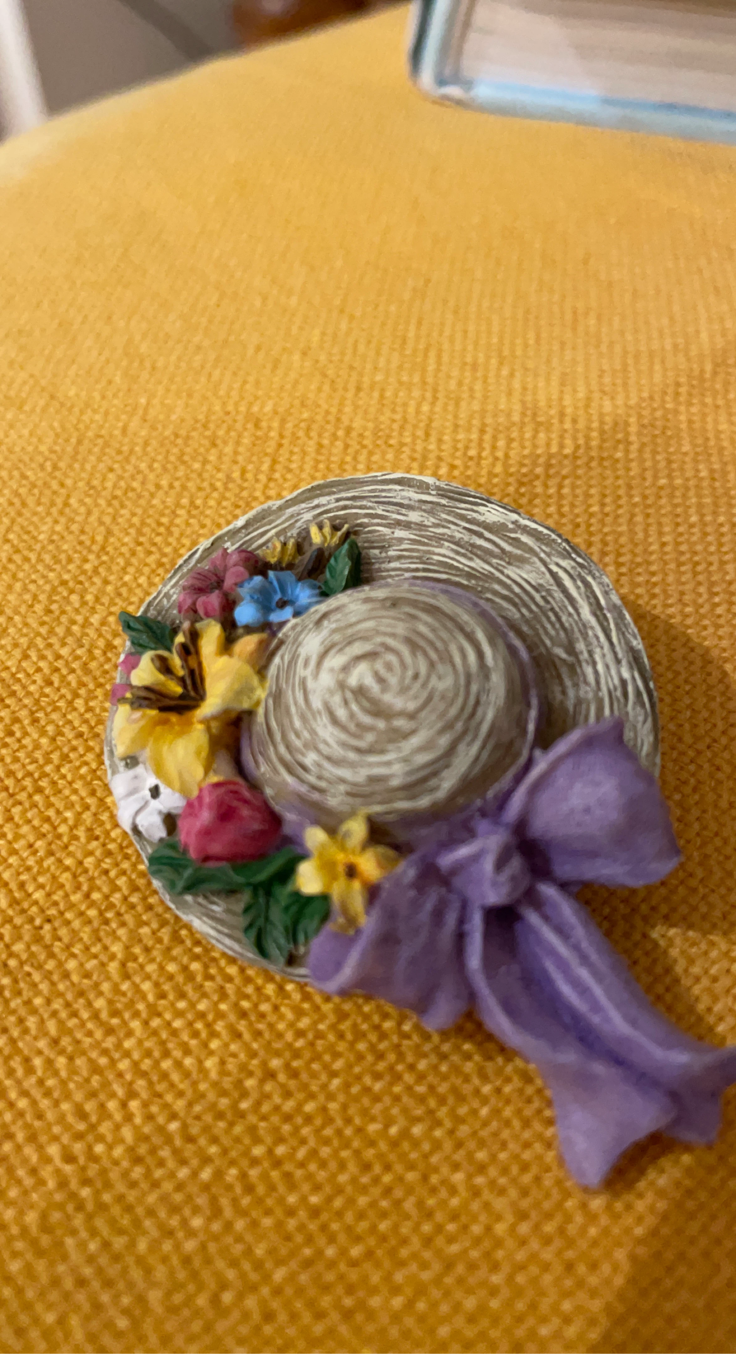 Miniature Straw Hat with Flowers and Bow Brooch