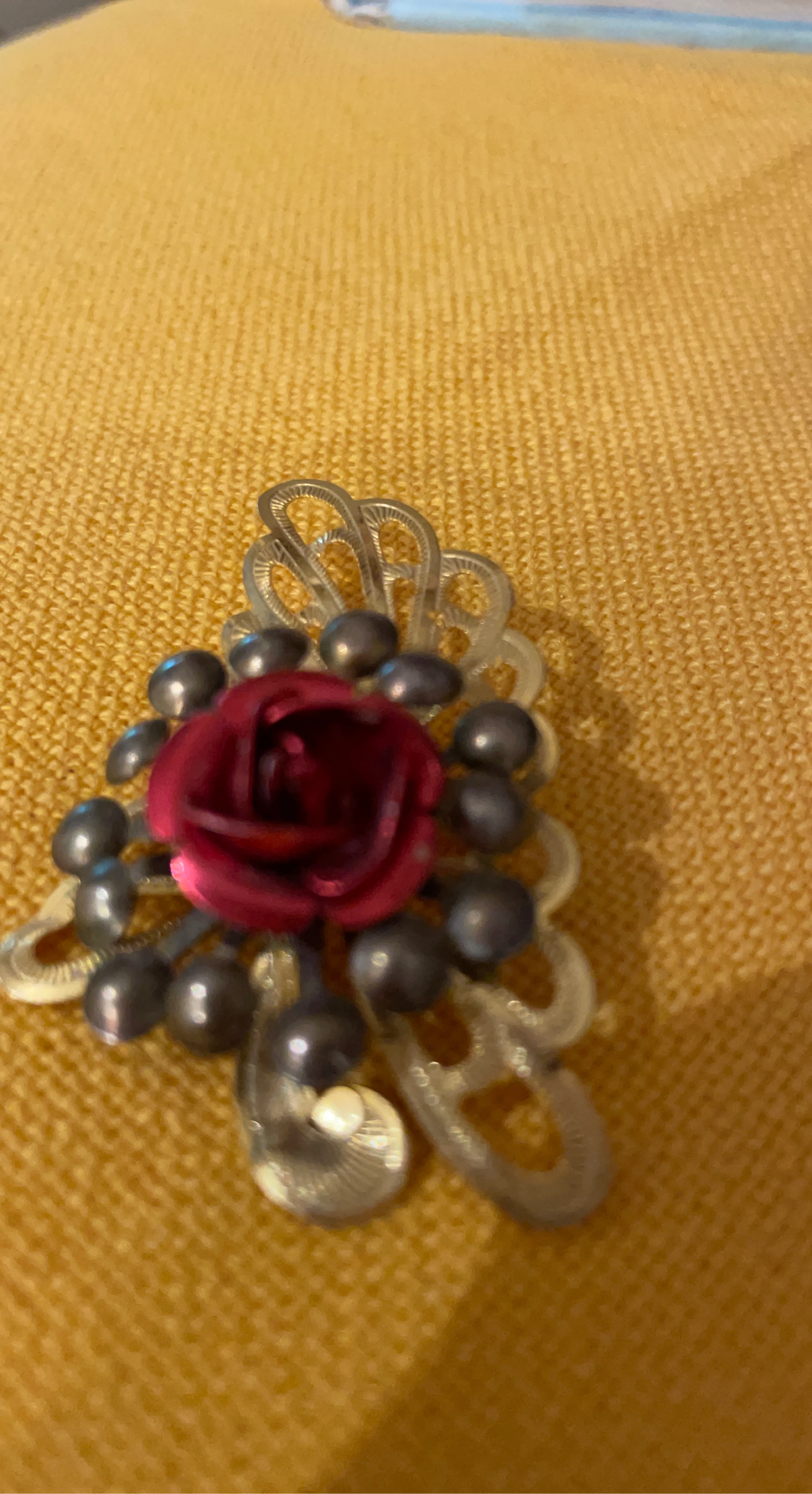 Brooch with red rose and faux pearls