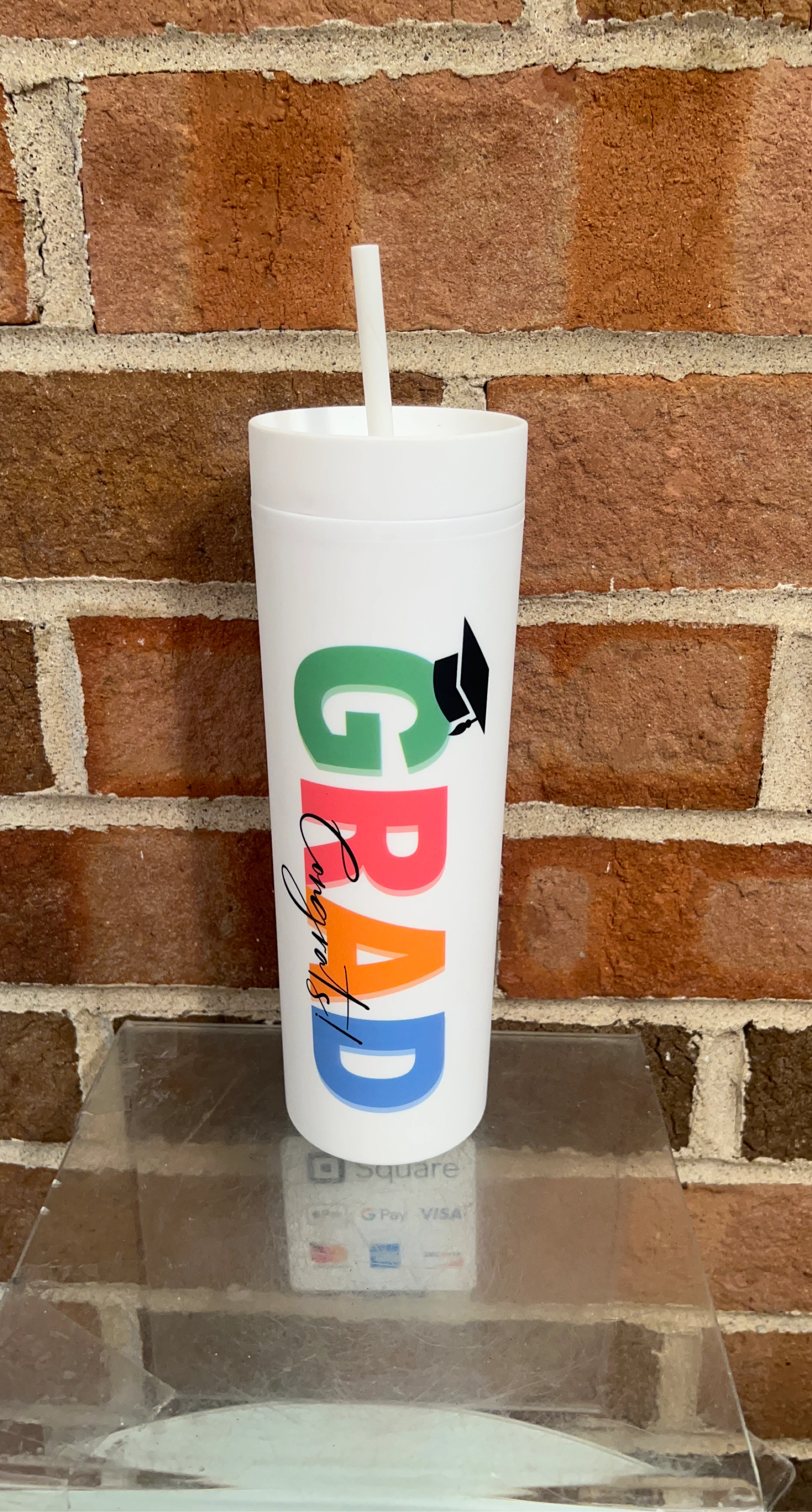 White GRAD Congrats Tumbler with Straw